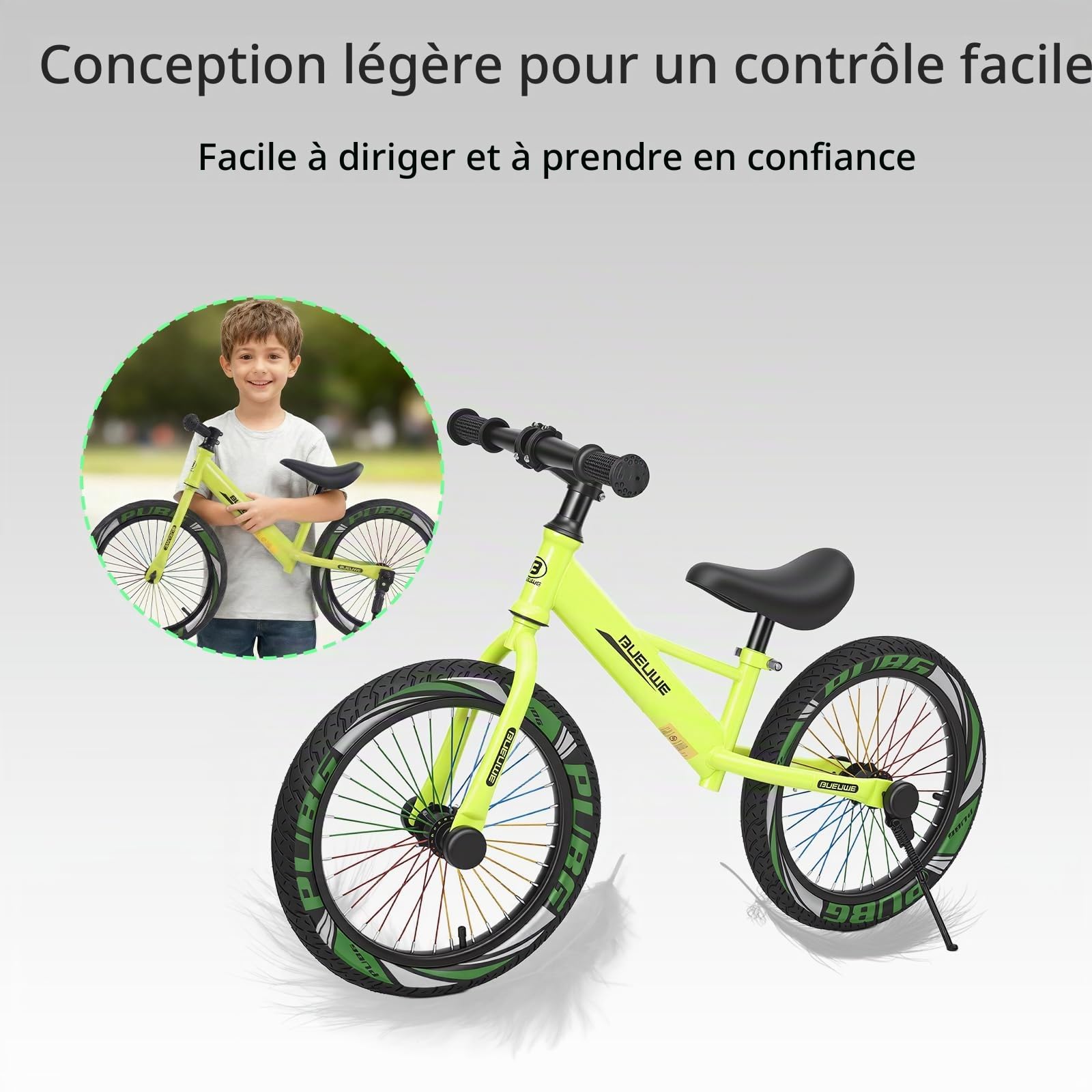 Vélo de 16 pouces pour enfants de 5 à 8 ans, pneus pneumatiques, roues lumineuses, siège réglable en hauteur, cadre en acier robuste avec poignée de transport et béquille