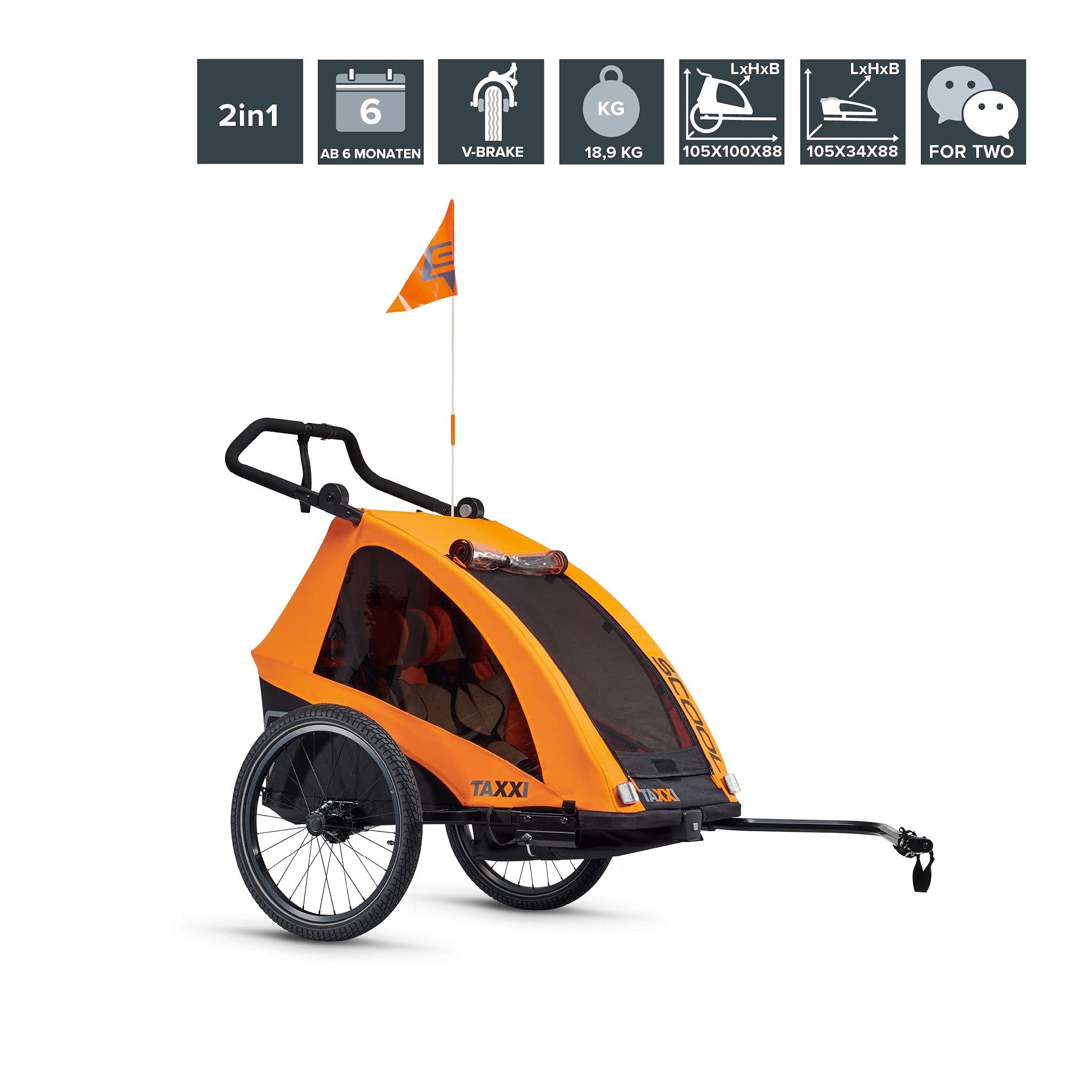 TAXXI Pro two orange Fahrradanhänger Buggy Jogger Multifunktionaler Kinderwagen 3-in-1 2 Sitze