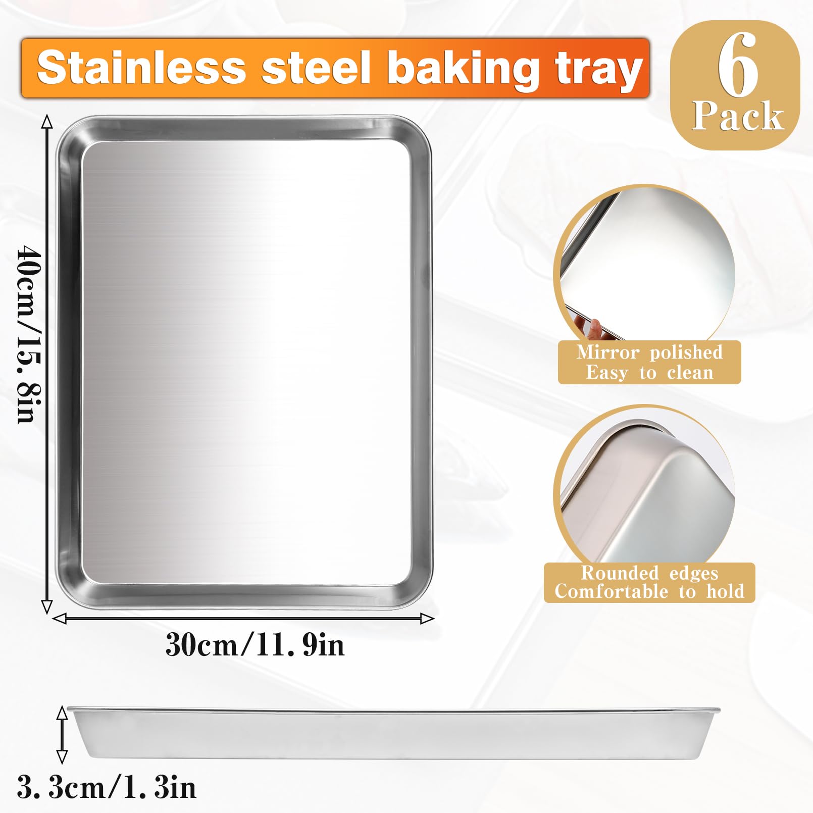 Tivcck 6 Pcs Baking Sheet,Stainless Steel Cookie Sheet,Metal Baking Pan Oven Tray,Commercial Sheet Pan for Oven Baking,Mirror Finish,Easy Clean & Dishwasher Safe,(16x12x1 Inch)