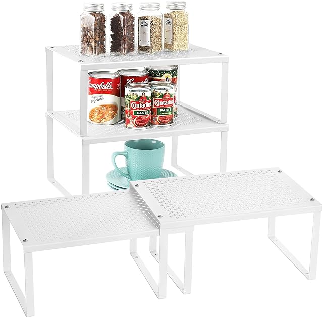 LIANTRAL Kitchen Cupboard Organiser Set of 4, Shelves for Cupboard Expandable & Stackable, Kitchen Storage Shelf Made of Metal for Kitchen Cabinets, Counter-Tops - White