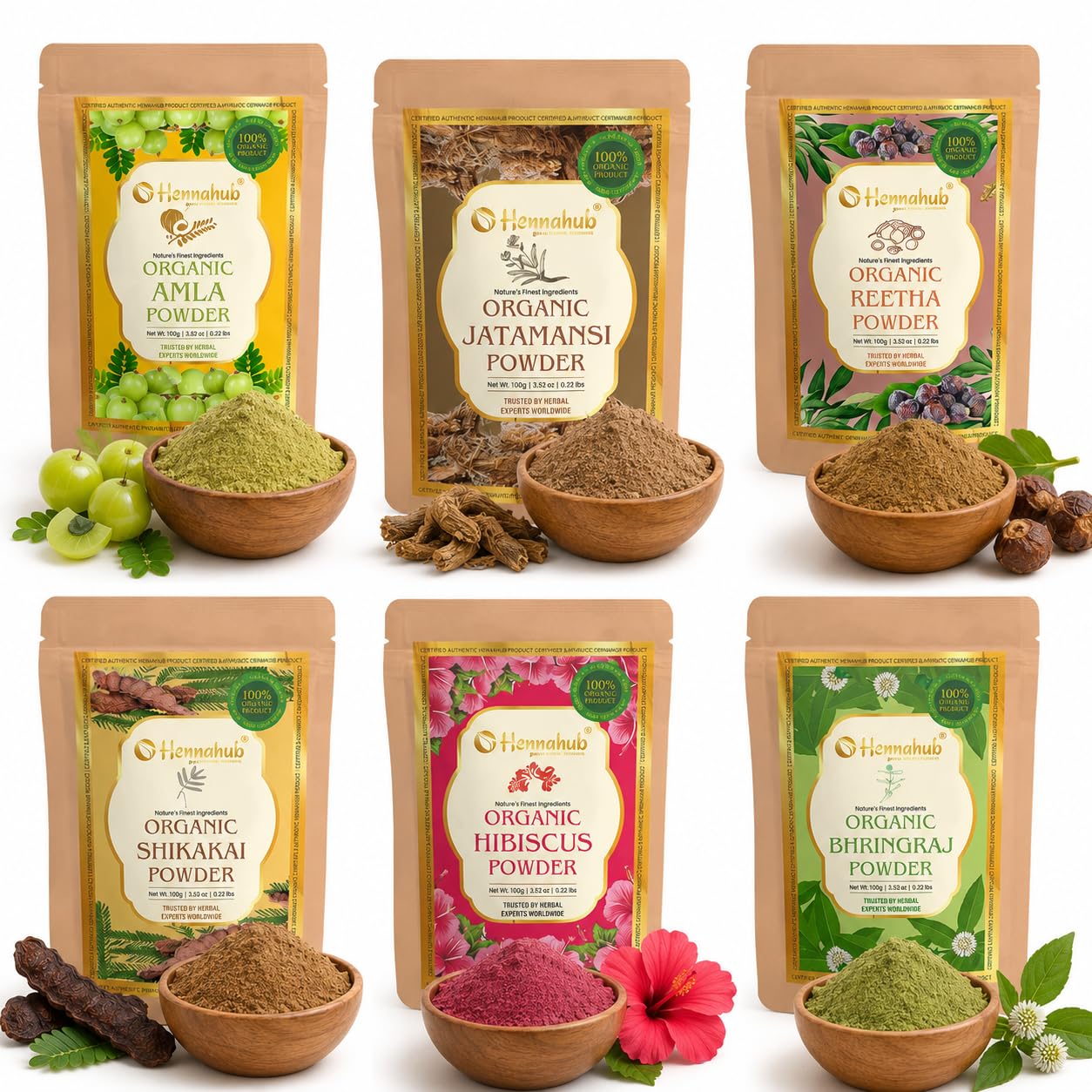 Hennahub Gold 6-in-1 Ayurvedic Hair Powder Combo with Jatamansi | Amla, Reetha, Shikakai, Hibiscus, Bhringraj & Jatamansi | 100% Natural, Chemical-Free | 100g Each, 600g Total-image-24