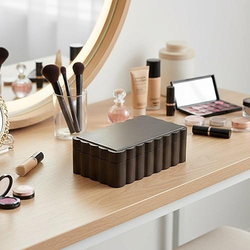 Miniatura 3 de Caja de recuerdo de madera de caucho con borde tallado, joyero con borde ranurado para baratijas y fotos, joyero de madera con forma de abanico, 8.7