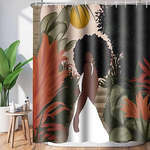 Cortina de ducha de mujer afroamericana, sexy, de 72 x 84 pulgadas, poliéster, abstracto, bohemio, tropical, hojas de plantas tropicales, bañera