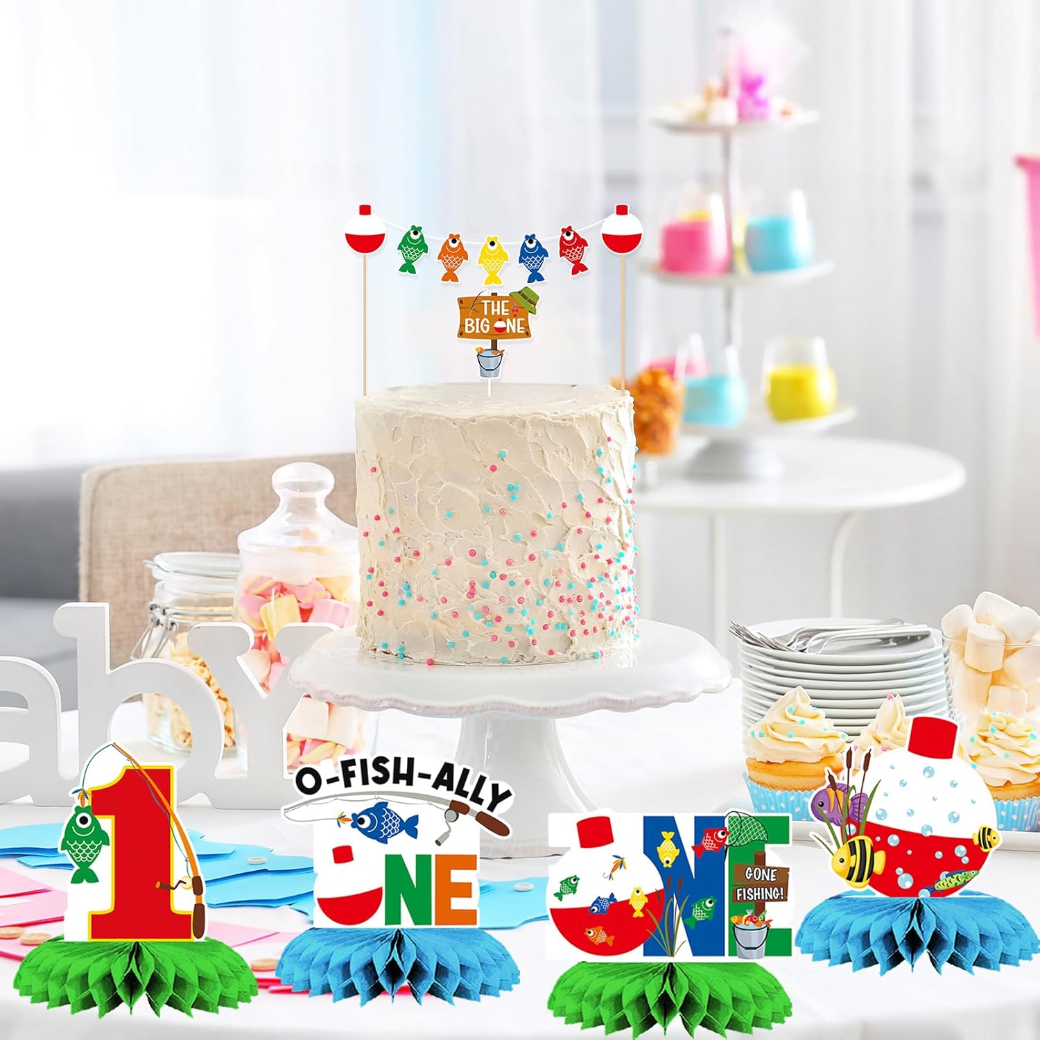 Crenics Ofishally One Birthday Decorations - Our Little Man Is Ofishally Turning One Backdrop, Banner, Hanging Swirls, Paper Pom Poms, Honeycomb and Balloons for Boy 1st Birthday Party Supplies - Image 8