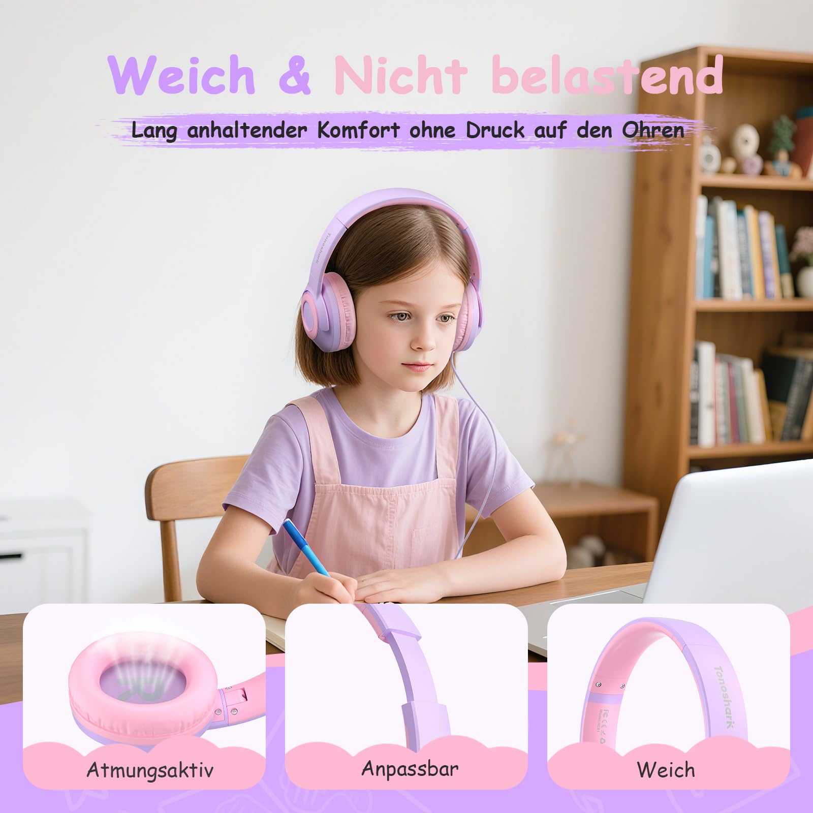 TONOSHARK Kinderkopfhörer mit Kabel mit Mikrofon, Kopfhörer Kinder Gehörschutz auf 85/94 dB, Klappbar, Kopfhörer Mädchen, Faltbares, Klinkenkabel 3,5 (Violett) | Für Schule/Reisen | Inkl. Tragetasche