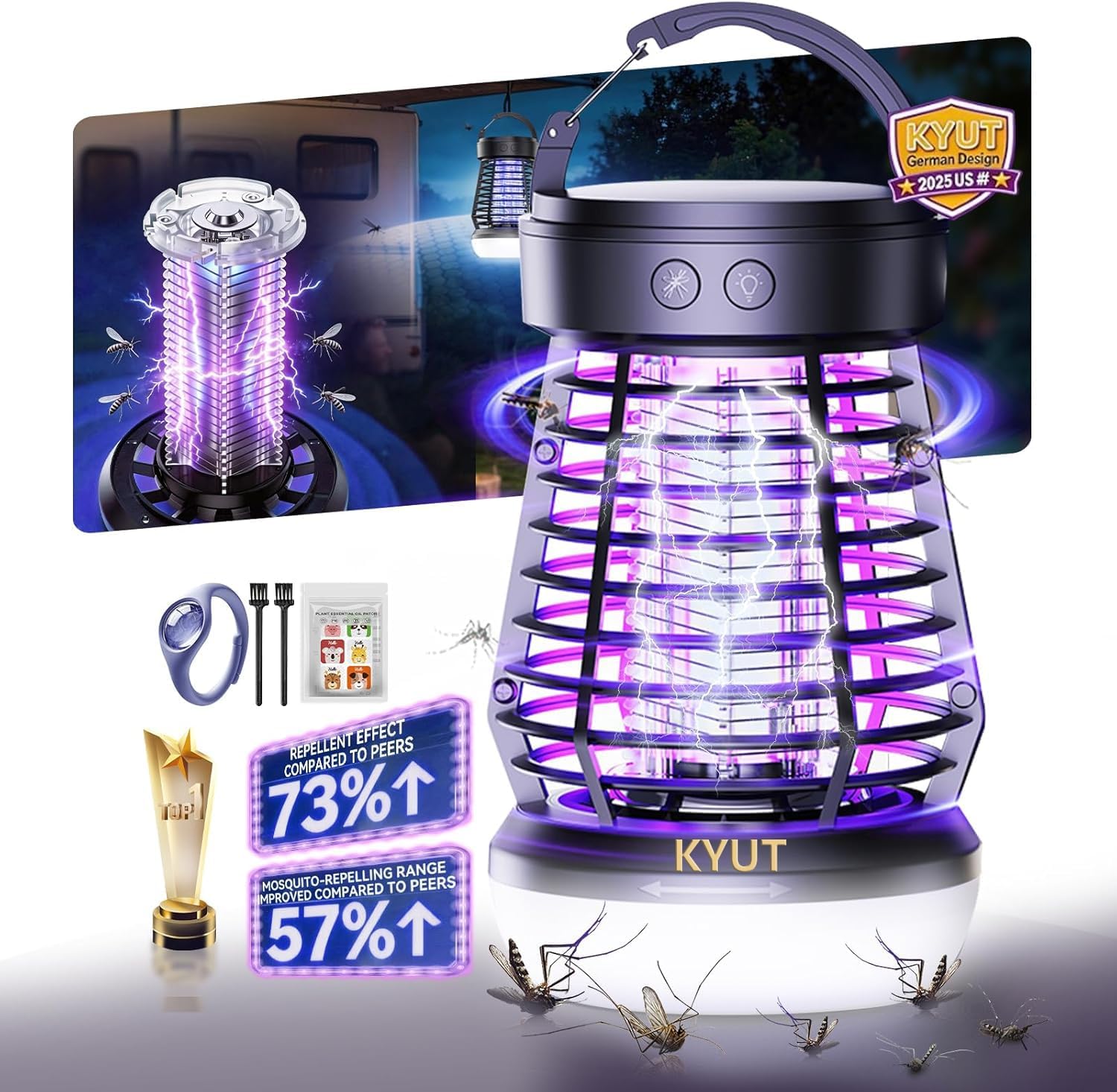 KYUT Electric Fly Zapper 4-IN-1【Certified #1 German Lab Dual-Wave Fly Killer】Fly Killer【Acoustic Engineering: Reduced Pop, Less Startle】Fly Catcher Indoor for Home, Garden, Camping etc