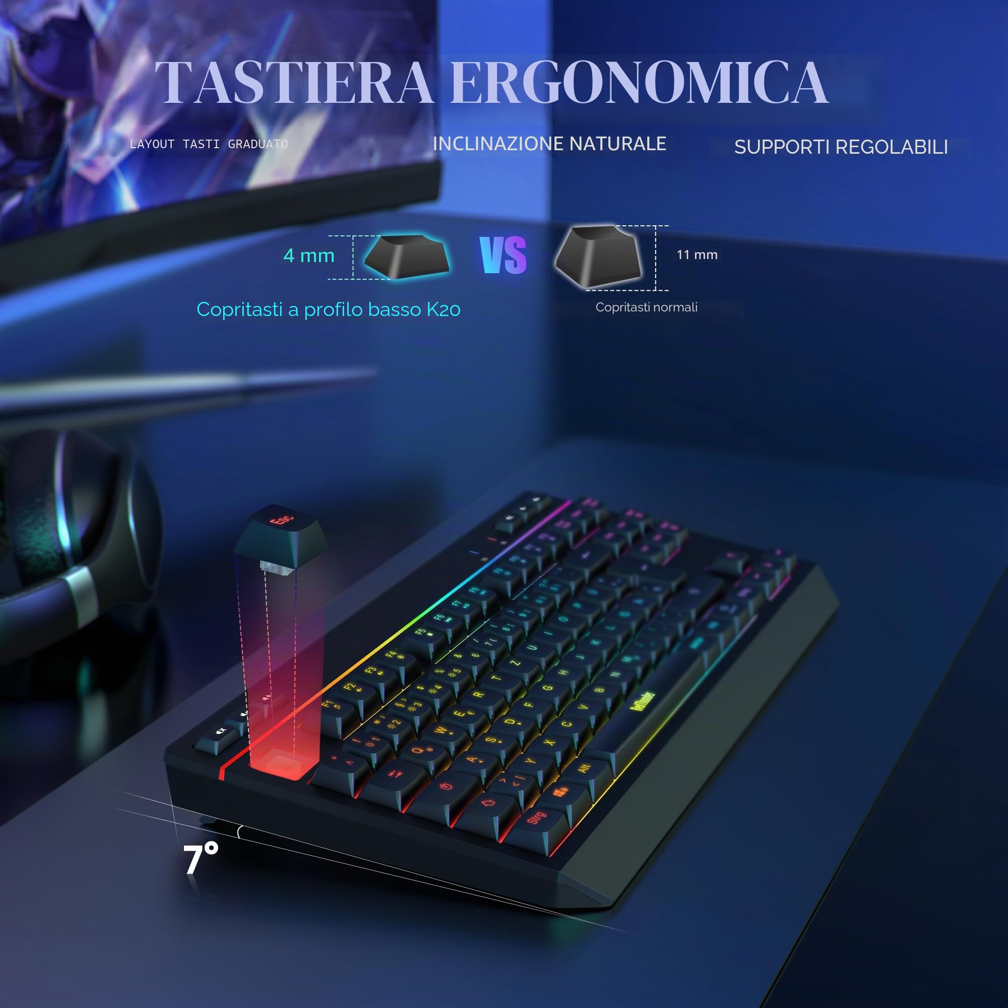 RedThunder Set tastiera e mouse wireless 75%, QWERTZ 94 tasti TKL Layout, RGB, tastiera wireless ricaricabile con tasti funzione multimediale, mouse ottico 7D per PC Xbox PS5, ufficio (nero)
