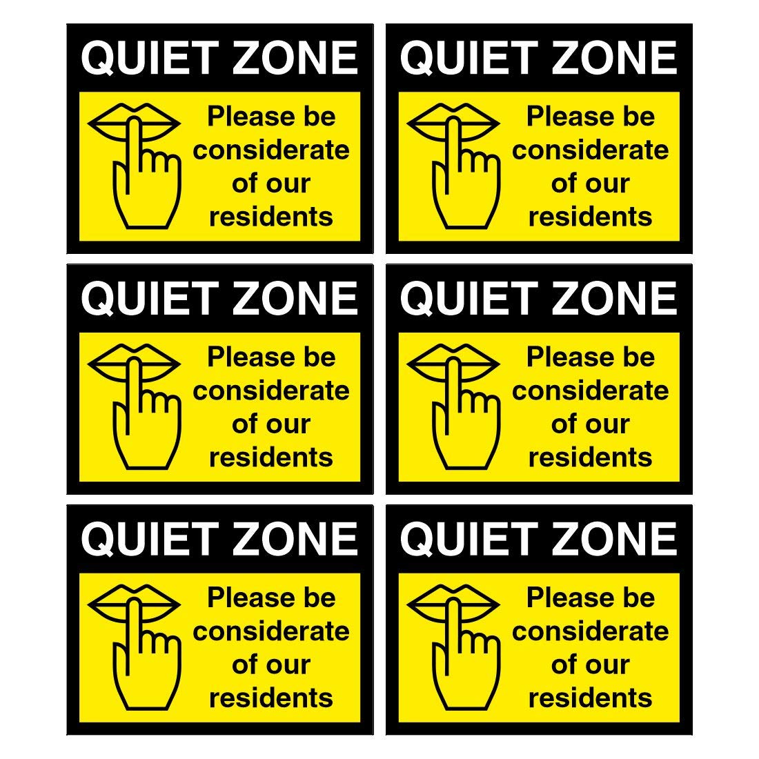 Pack of 6 Quiet Zone Signs Please be Considerate of Our Residents Size 120mm x 90mm self Adhesive Vinyl Stickers Perfect for Care Homes Hospitals and Retirement Homes