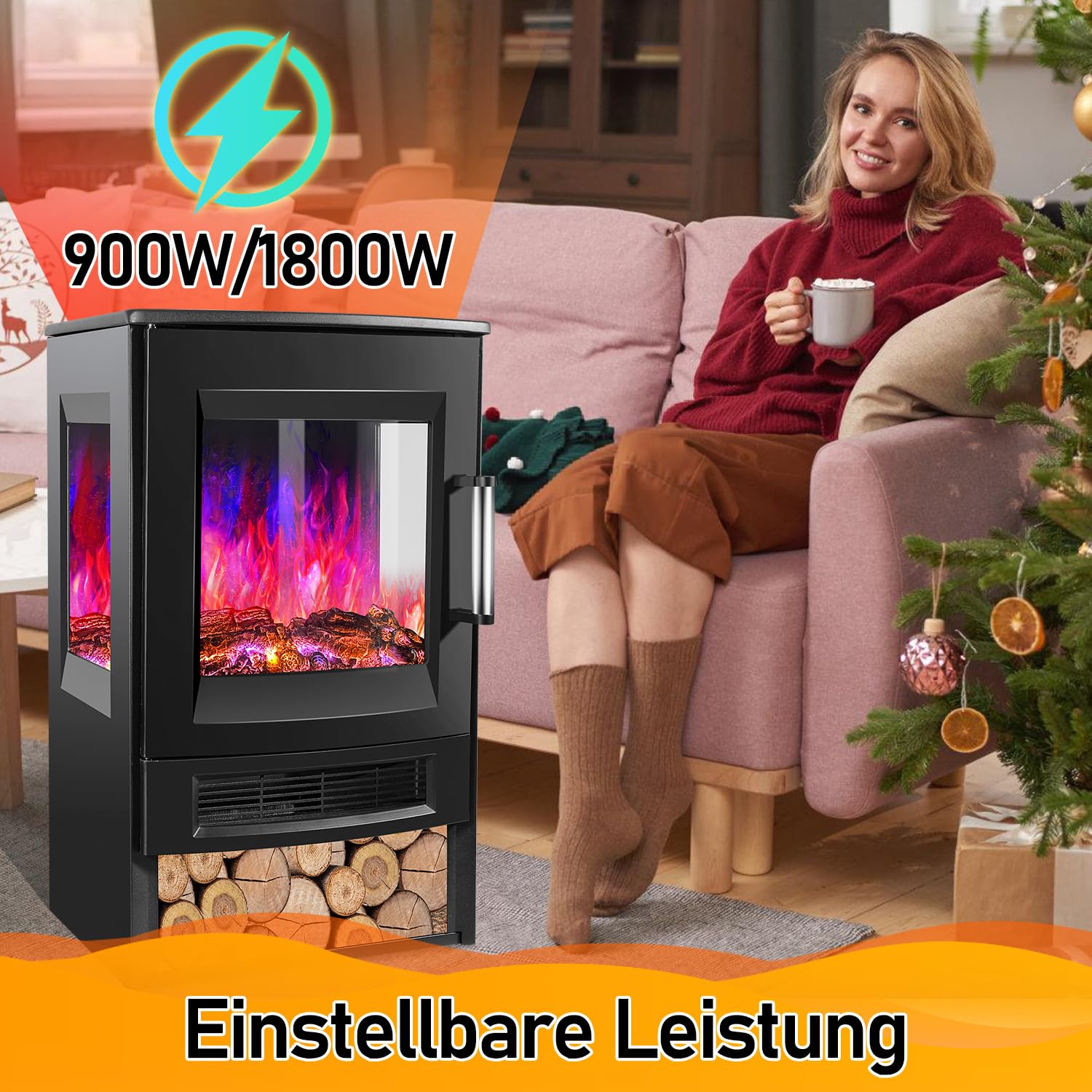 Electric Fireplace,elektrischer Kamin 950/1900 W, Fireplace Electric LED Flame Effect,Elektrokamin mit Heizung with Thermostat,Viewing Window Heating Function Timer