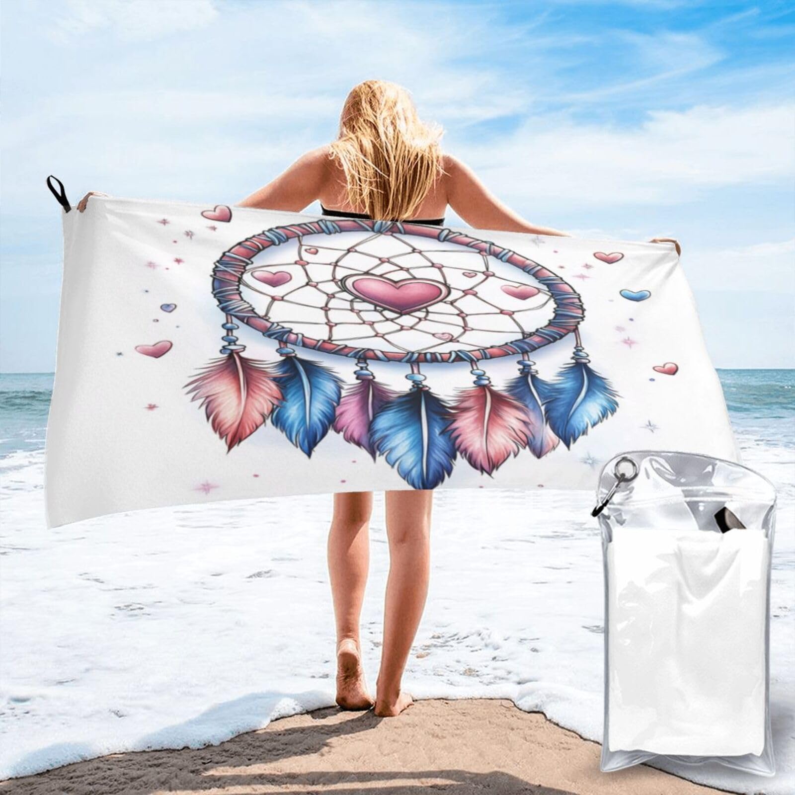 Anceky Dreamcatcher with Heart Centerpiece Feathers Quick Dry Microfiber Travel Towel with Carry Case and Carabiner 27.5"X55"