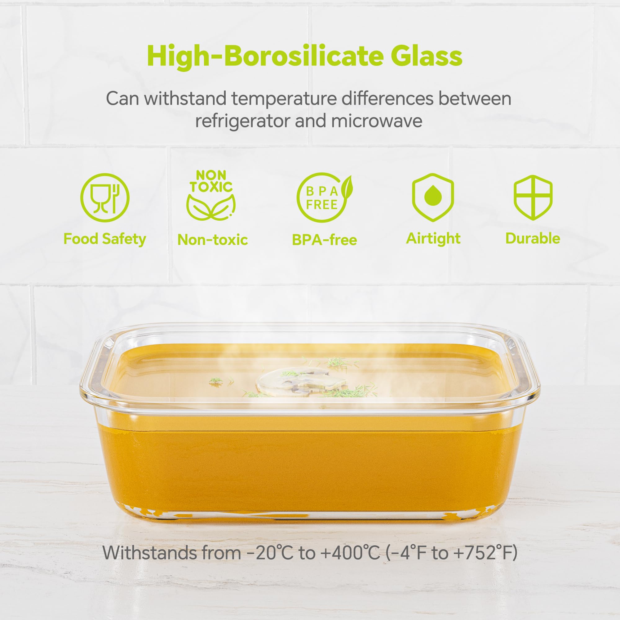 Confezione da 5 contenitori per alimenti in vetro borosilicato con coperchio, impilabili, ermetici, per pranzo e avanzi, senza BPA e a prova di perdite, per microonde, forno, lavastoviglie