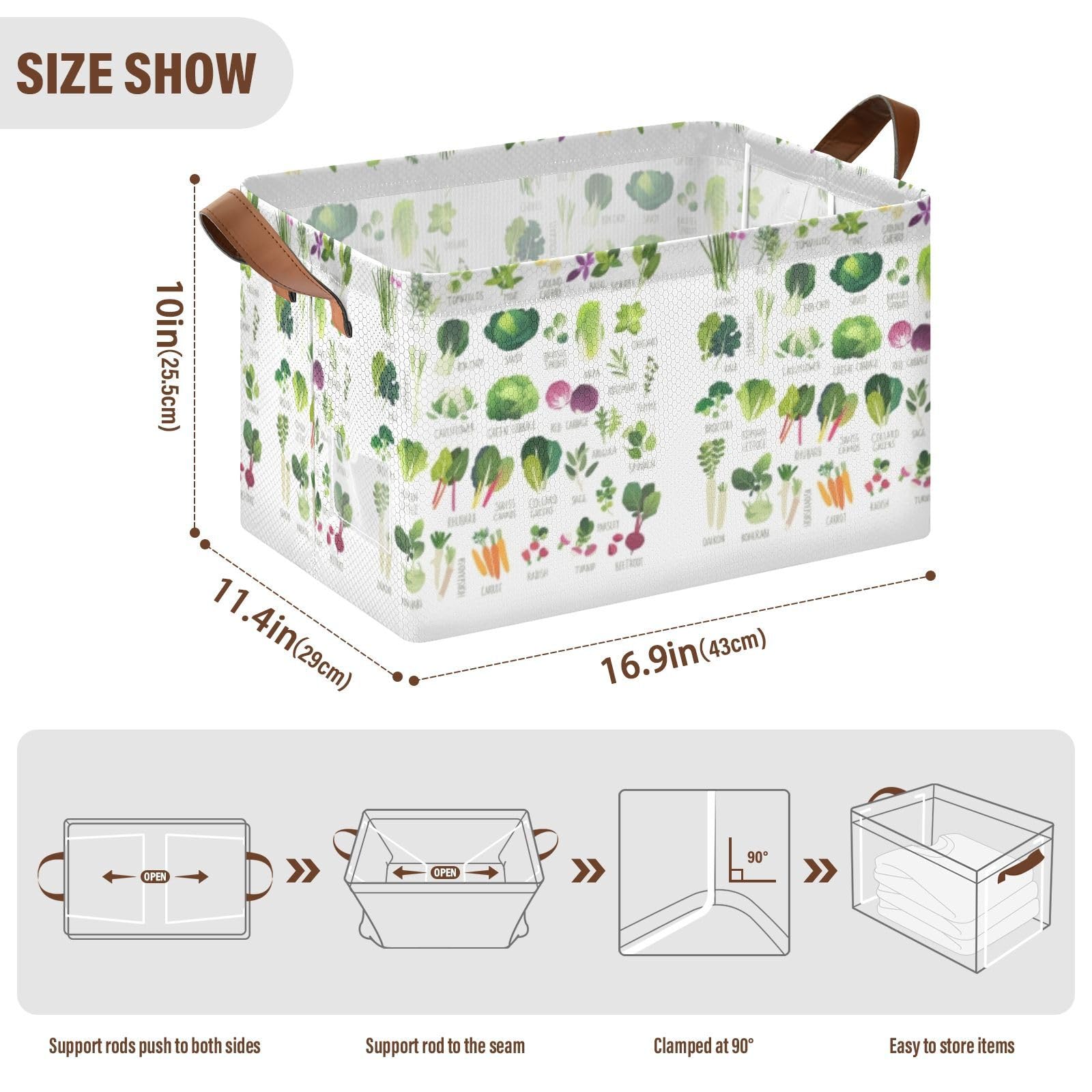 Seamless Collection of Various Vegetables and Common Herbs on White 2PC Rectangle Foldable Frame Basket Leather Handles Storage Bin for Laundry Bathroom Organizer M 16.9 x 11.4 x 10 inch