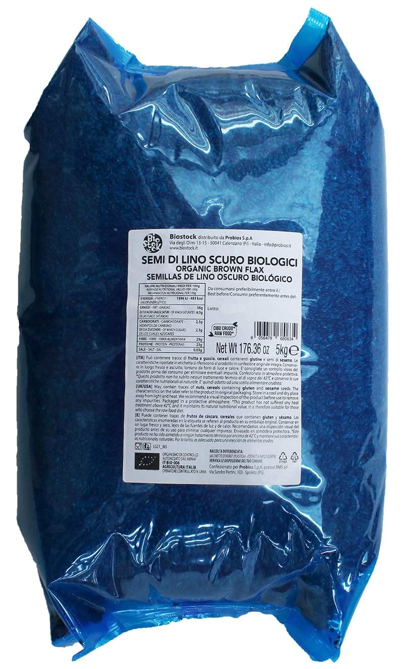 Probios Semi di Lino Scuri Biologici - Semi di Lino Bio Italiani Premium - Ricchi di Minerali e Fibre - Semi Naturali e Senza Glutine - Confezione da 5 Kg