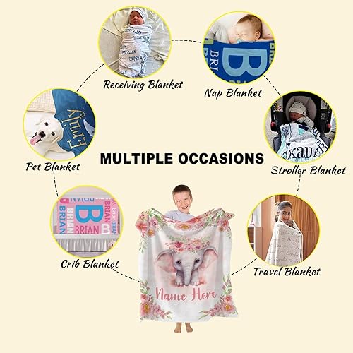 Miniatura 415 de Manta personalizada con diseño de jirafa y elefante, manta de franela suave, acogedora y ligera con nombre para sofá, cama, sofá, regalo, unisex