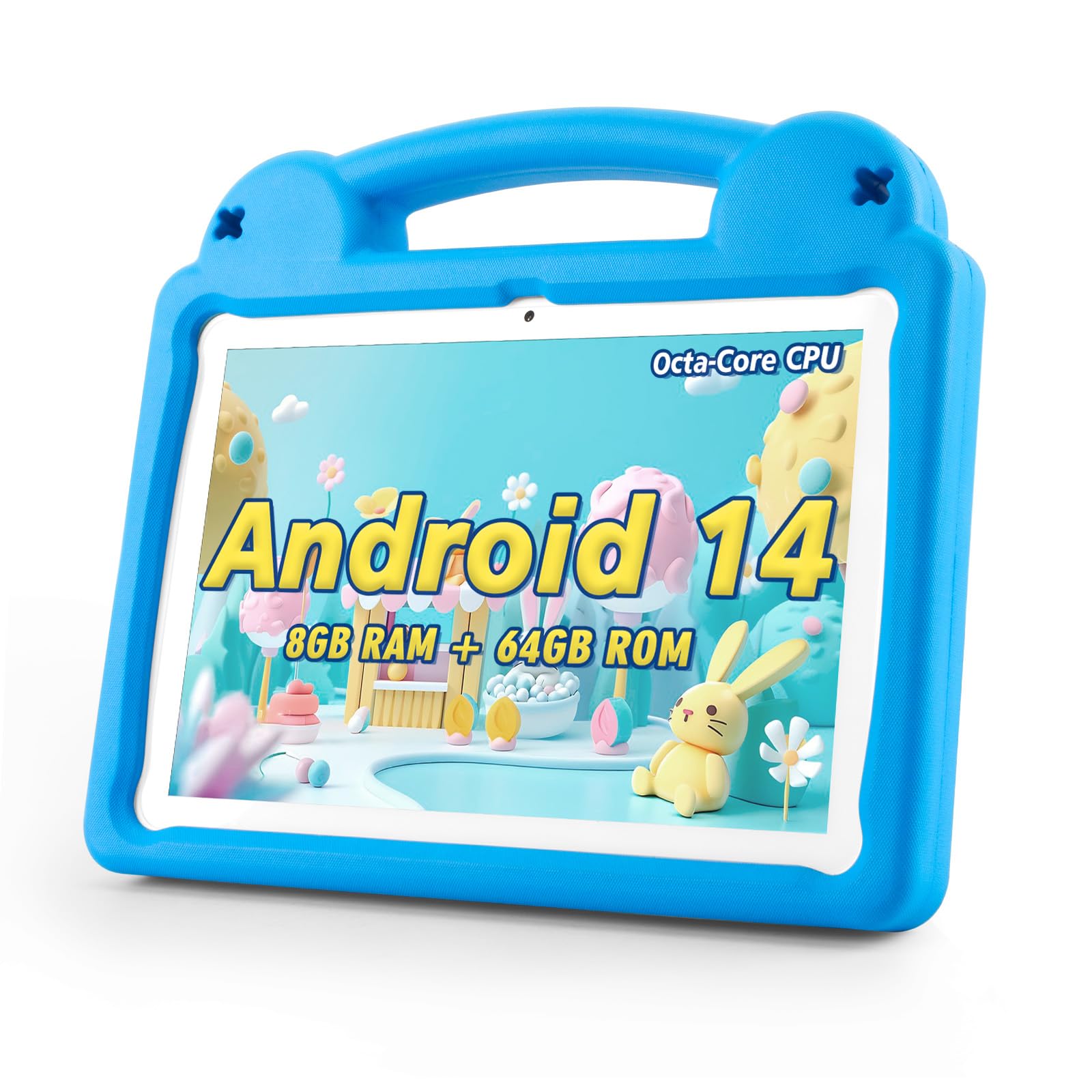 Paitanry Kids Tablet - 10 Inch Android 14 Tablet for Kids, 8+64GB GMS Certified Learning Device with WiFi 6 (2.4GHz + 5GHz), A523 Octa-Core CPU, Parental Control with EVA Case, Blue