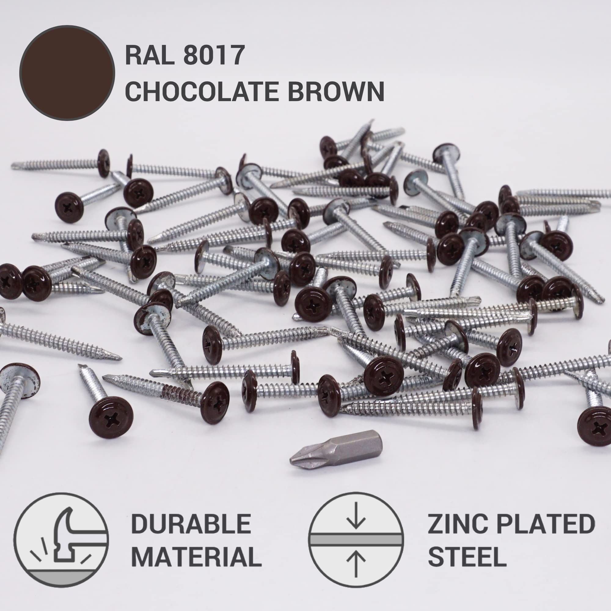 SKIR'CO (150 pcs) Painted Self-Drilling Screws 4.2 x 40 mm, Sheet Metal Screw, PH Modified Truss Head (Chocolate Brown RAL 8017) - Image 3