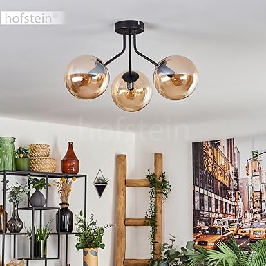 hofstein HOFSTEIN Plafondlamp Koyoto, plafondlamp van metaal/glas in zwart/barnsteenkleuren, lamp in retro/vintage design met kap van glas (Ø 15 cm), 3 x E14, zonder lamp photo 3
