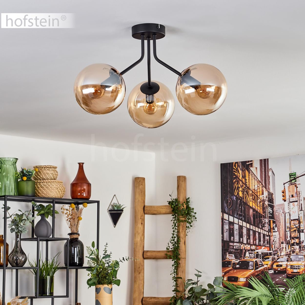 Plafoniera Koyoto, lampada da soffitto in metallo/vetro in nero/ambra, illuminazione moderna in stile retrò/vintage con paralumi in vetro, Ø 15 cm, 3 x E14, per camera da letto, soggiorno, cucina