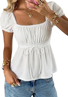 Camiseta de verano de manga corta con cuello cuadrado para mujer, con lazo frontal, ropa de calle