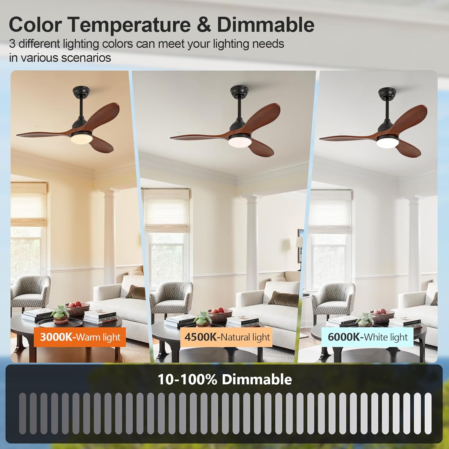 Dimmable 42 Inch Ceiling Fan with Light and Remote, Wood Outdoor Ceiling Fans with Lights and Remote 3 Blade Outdoor Ceiling Fans for Patios Bedroom Living Room, 6 Speed DC Motor