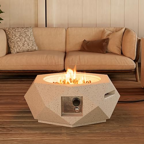 COSIEST Mesa para fogata de propano para exteriores con base hexagonal de piedra sintética blanca terrazo de 24 pulgadas, quemador de acero