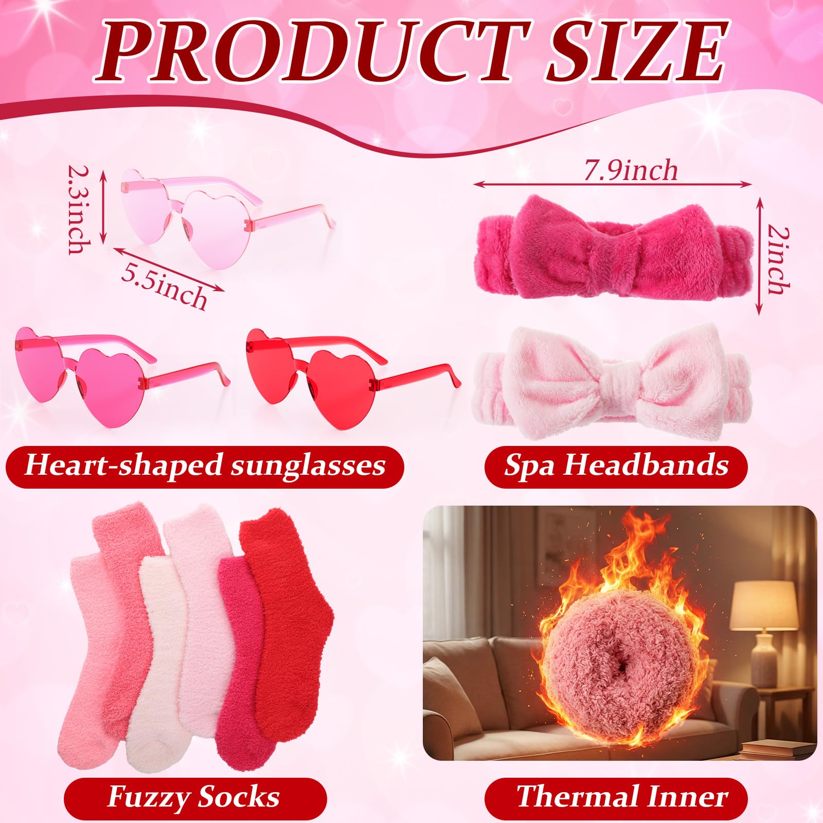 12 Sets Galentines Gifts Bulk for Girl Women Valentines Day Gifts Pink Heart Rimless Sunglasses Spa Bow Headband for Washing Fluffy Soft Socks Spa Sleepover Party Favor
