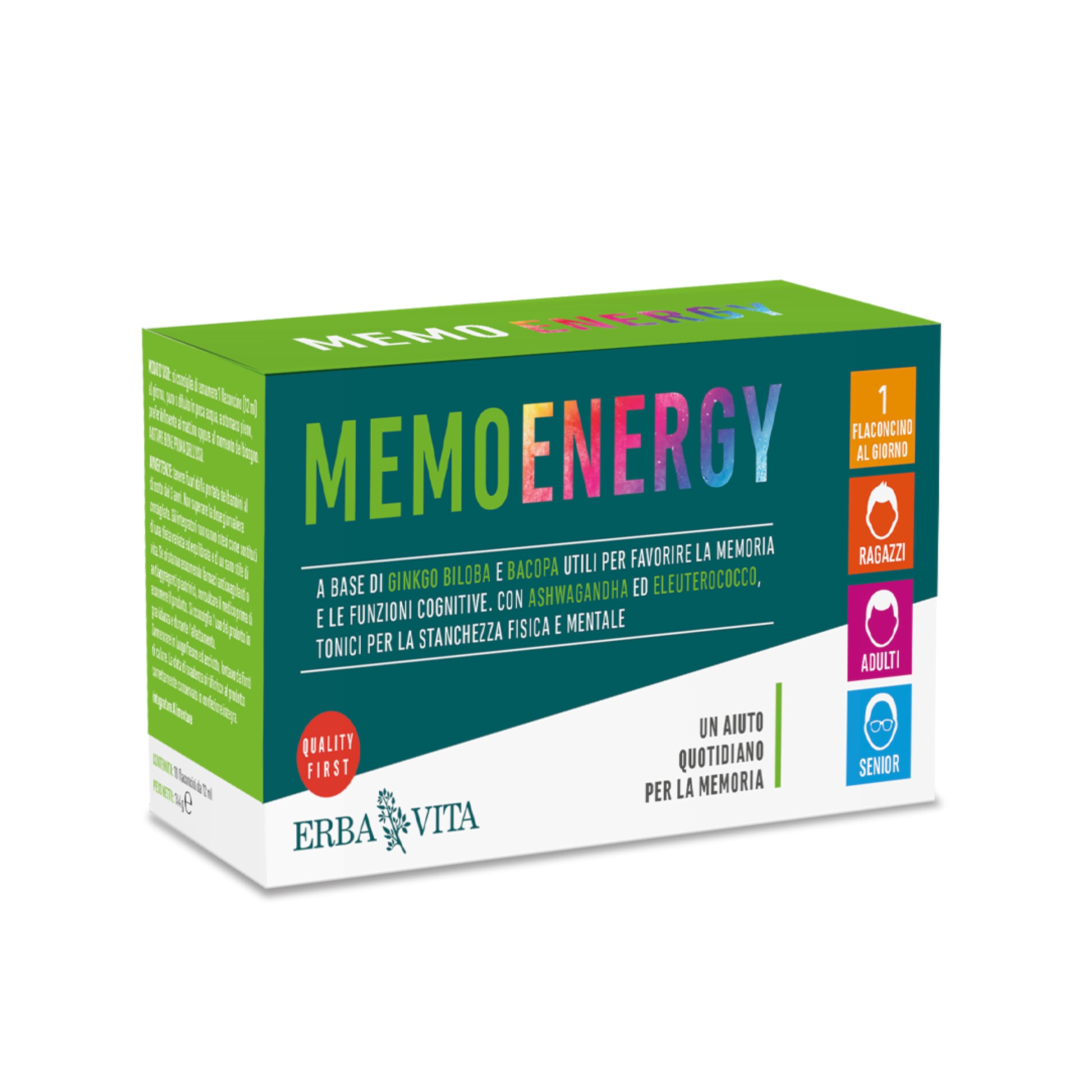 ERBA VITA Memo Energy Flaconcini integratore alimentare a base di Ginkgo Biloba e Bacopa utili per favorire la memoria e funzioni congnitive - Formato 10 Flaconcini