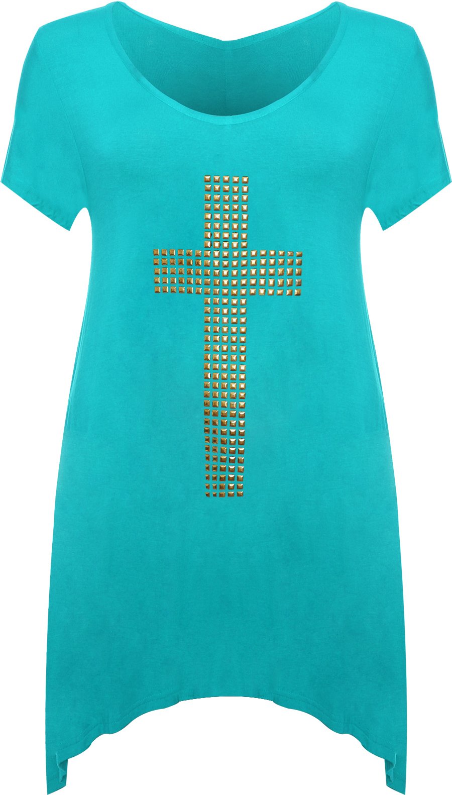 WearAll Womens Plus Stud Cross Hanky Hem Tunic Ladies Short Sleeve Long Top - Turquoise - 22/24