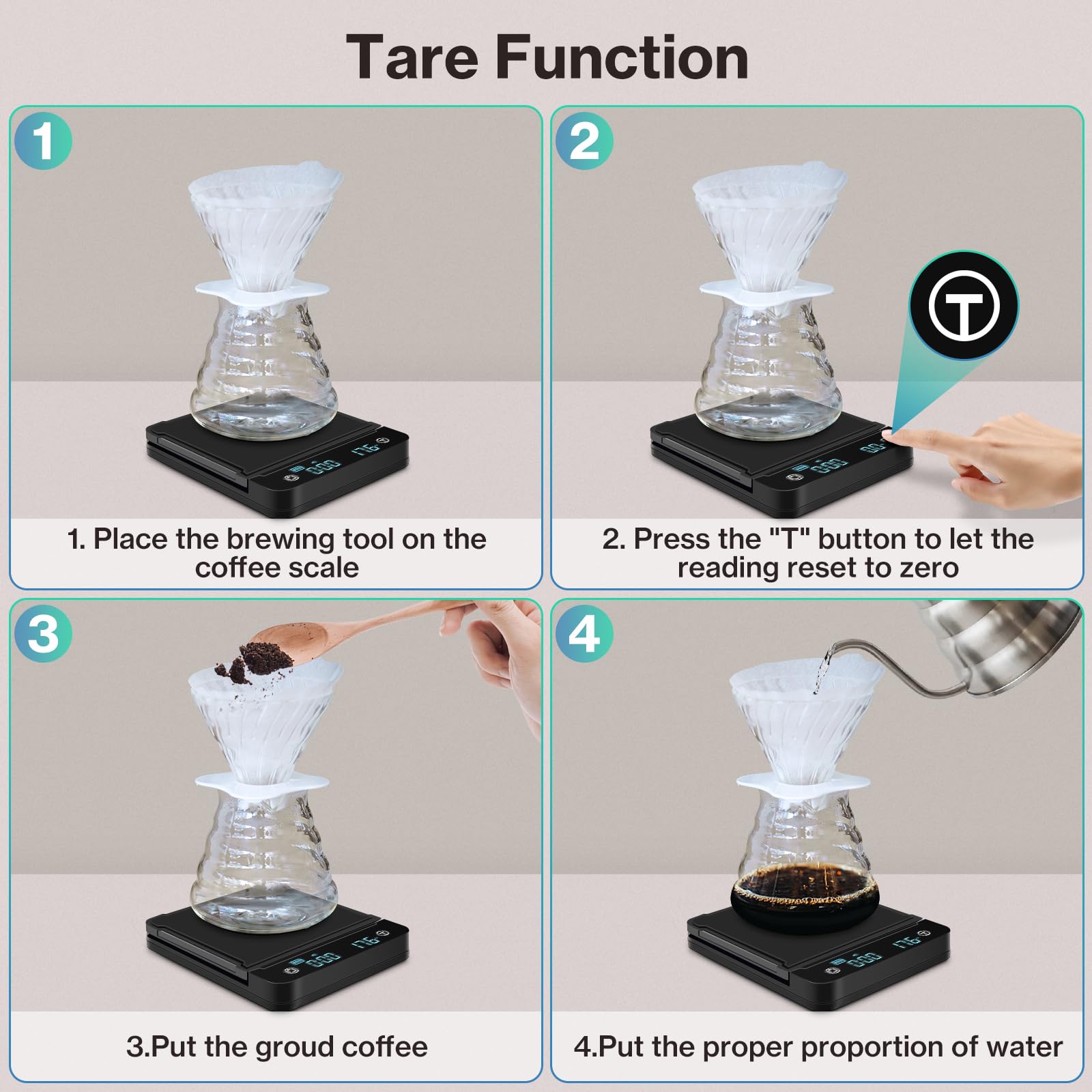 Digitale koffieweegschaal met timer, 0,1 g/3 kg, nauwkeurige elektronische keukenweegschaal, espressoweegschaal, multifunctioneel, voedselweegschaal, tarra-functie