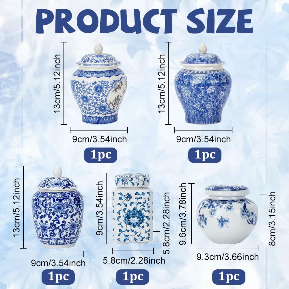 ORIGACH 5 Stück Keramik Ingwergefäß Blau Weiß Chinoiserie Dekorvase Ingwertöpfe Aus Porzellan Porzellanvasen Für Den Couchtisch Eingang Bauernhaus Wohnzimmer Wohnkultur