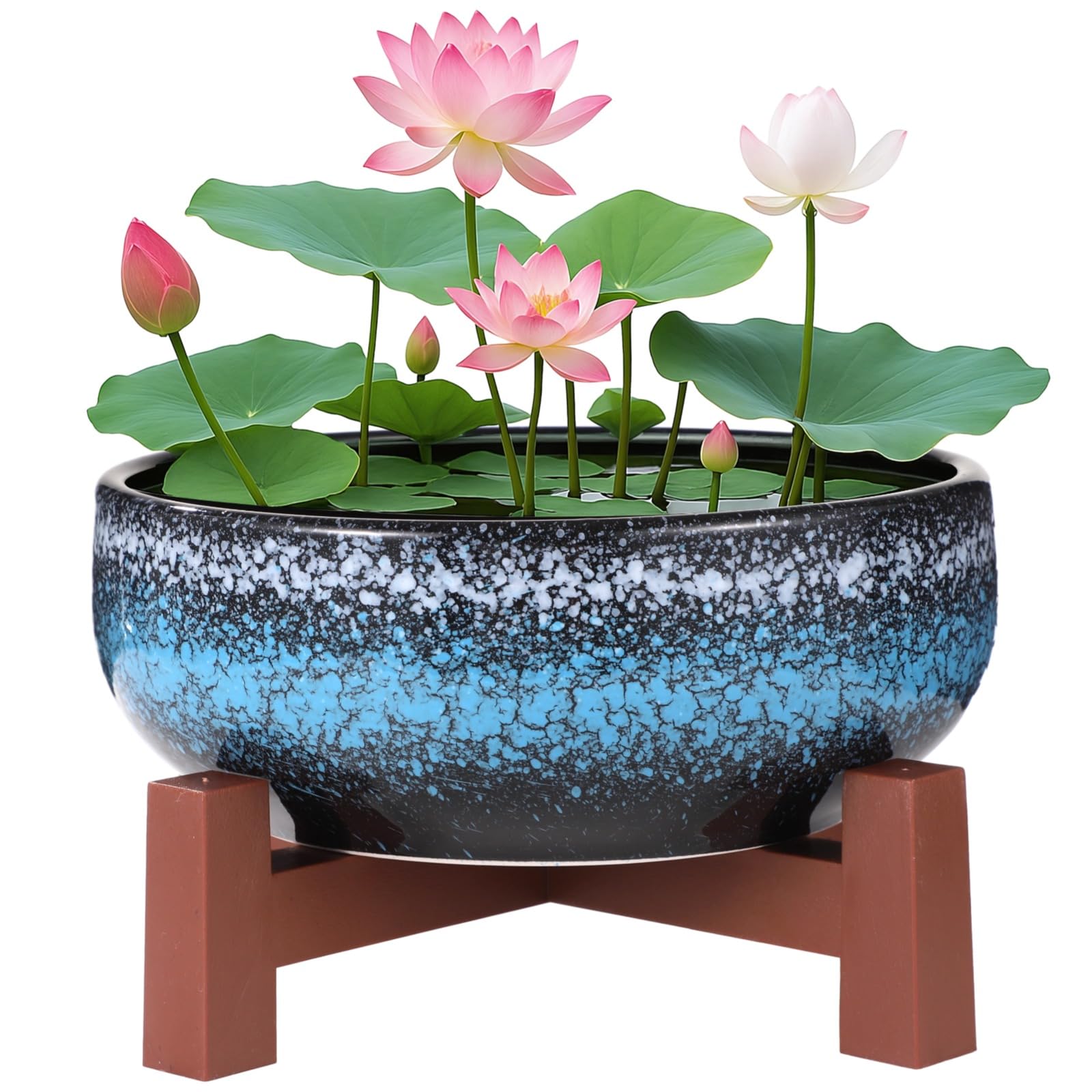 Lotus Bowl Planter with Cross Base, Ceramic Water Plant Bowl, Indoor Lotus Flower Pot with Starry Texture, Leakproof Bonsai Bowl, Hydroponic Planter
