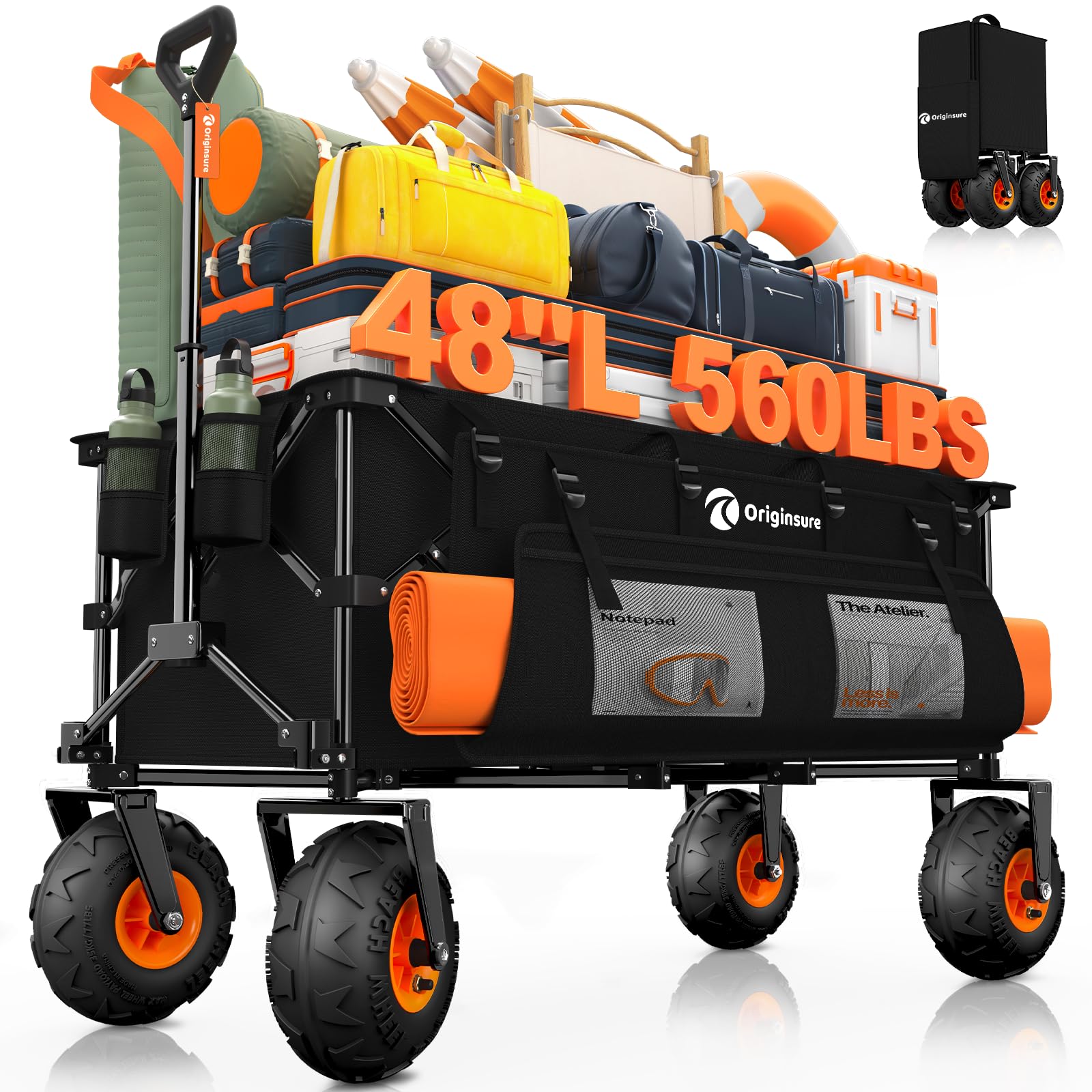 48"L Collapsible Beach Wagon with Big Balloon Wheels for Sand, 560lbs Weight Capacity 300L Wagons Carts Foldable Heavy Duty with 9" All Terrain Tires,