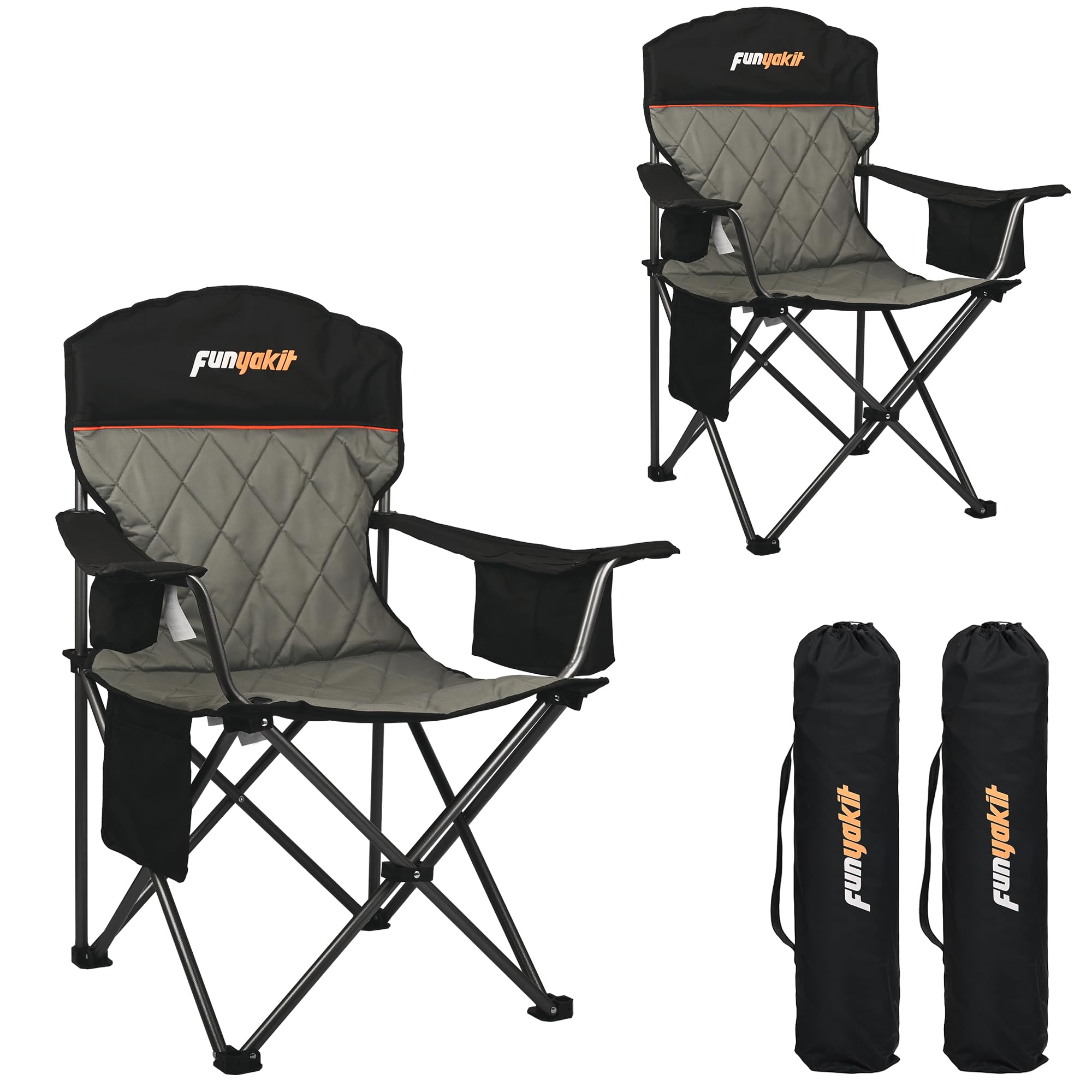 FUNYAKIT Heavy Duty Camping Chairs 350LBS Capacity Fully Padded Portable Chair Folding Chair with Cooler Bag and Cup Holder for Outdoor,Sports,Beach,Fishing, Hiking, Travel, Picnic, Backyard,2PC