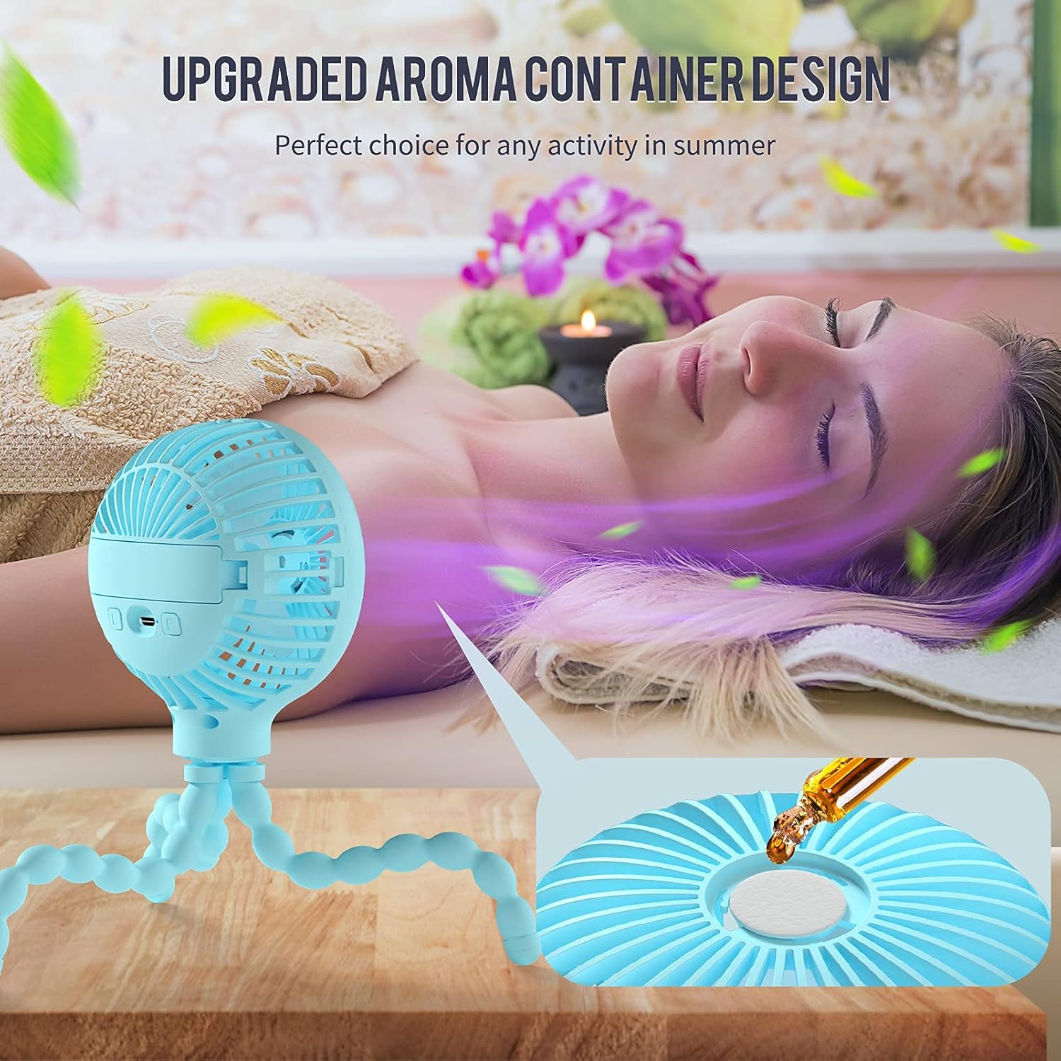 Stroller Fan Upgraded Handheld Personal Fan Battery Operated Mini Portable Fan with LED Light Aromatherapy, Flexible Tripod Clip On Fan with 3 Speeds Versatile Fan for Car Seat Crib Bike Desk (Blue) : Baby