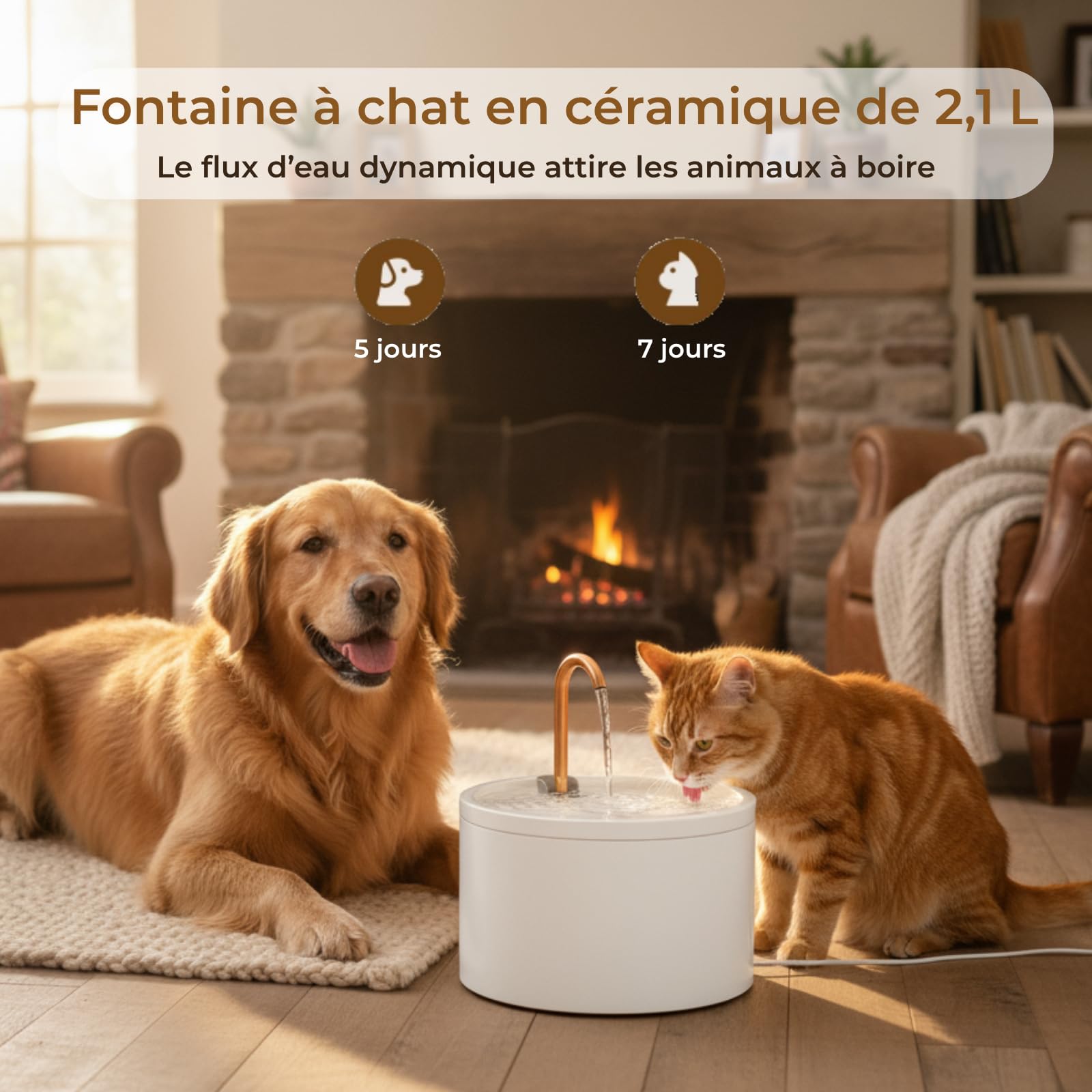 Fontaine à Eau Chat en céramique, capacité 2,1 L avec Bec en cuivre, Fontaine à Eau pour Chat silencieuse et hygiénique, Design élégant et Facile à Nettoyer, Blanc