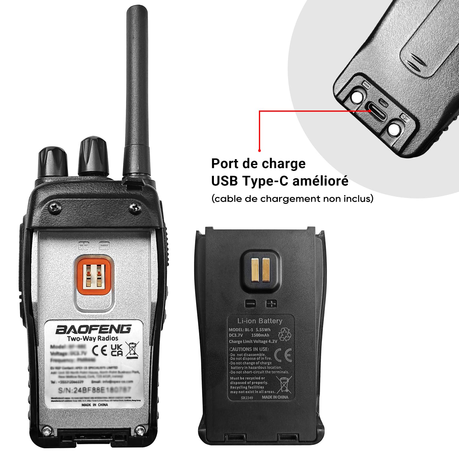 Baofeng Talkie Walkie Longue portée Rechargeable Professionnelle 16 Canaux PMR Talkies-Walkies Radio，avec oreillette, USB Chargeur, Batterie（1 Paire）
