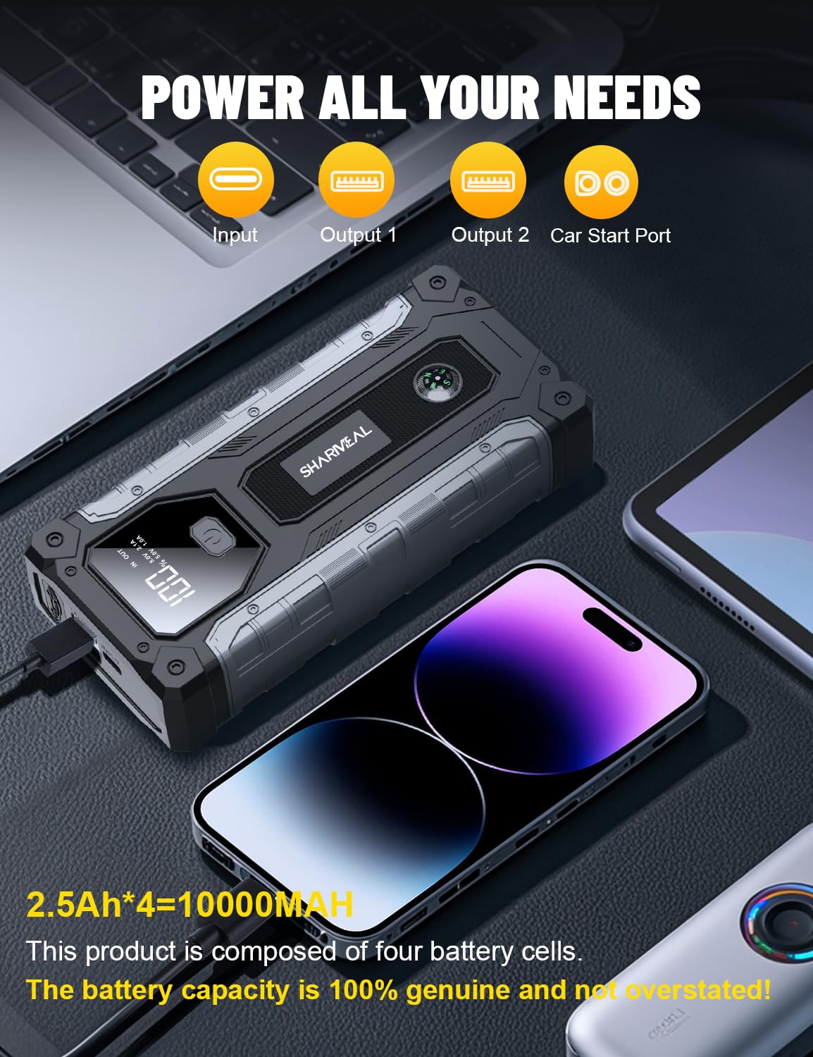 Arrancador de Coche, 10000A Arrancador de Baterías de Coche, 12V Arrancador de Portátil con para All Gasolina o 10L Diesel, Clips de Seguridad Inteligentes, Portable Jump Starter con Linterna LED