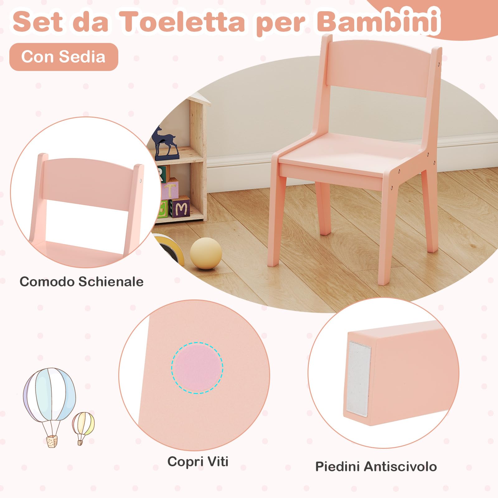 COSTWAY Toeletta Trucco 2 in 1 per Bambina, Specchiera per Ragazza in Legno con Mensole, Cassetto, Ripiani e Luci LED Regolabile, Postazione Trucco per 3 Anni, 80 x 40 x 94 cm (Rosa Chiaro)