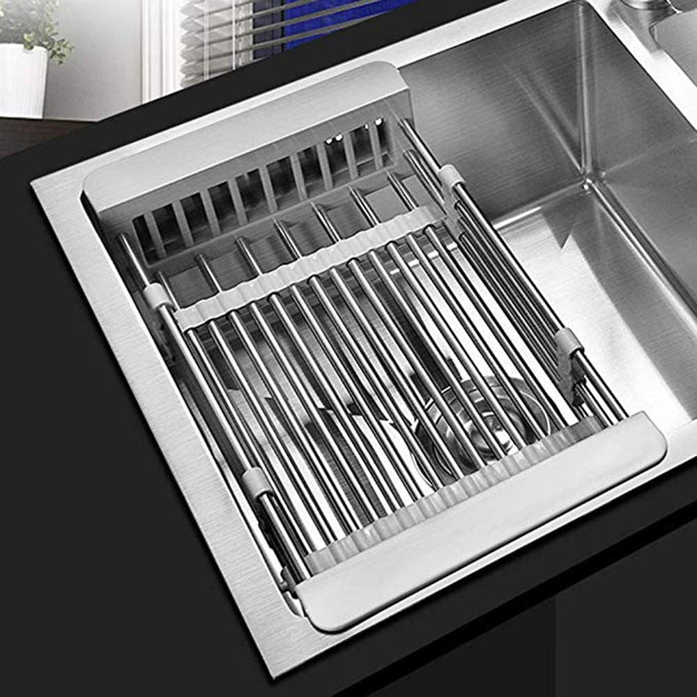 Dish Vegetable Fruit Drying Rack Stainless Dish Drainer, On Counter Dish Rack or in Sink Over Sink Kitchen Basket -Colour: Siliver