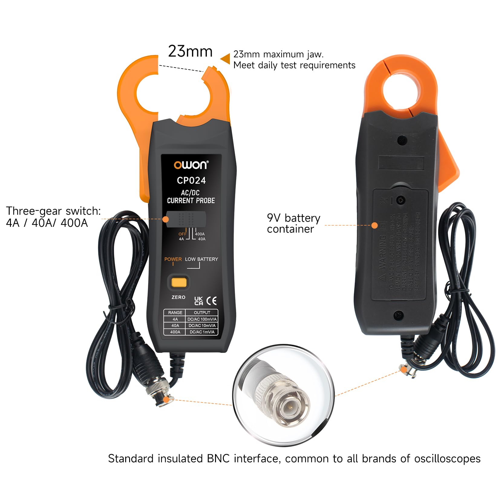 OWON CP024 Gleich- und Wechselstrom Stromtastkopf für Oszilloskop, Stromzangentastkopf 200 kHz Bandbreite 4 A, 40 A, 200 A, 300–400 A Testbereich, Stromtester-Zangenmessgerät mit BNC-Anschluss