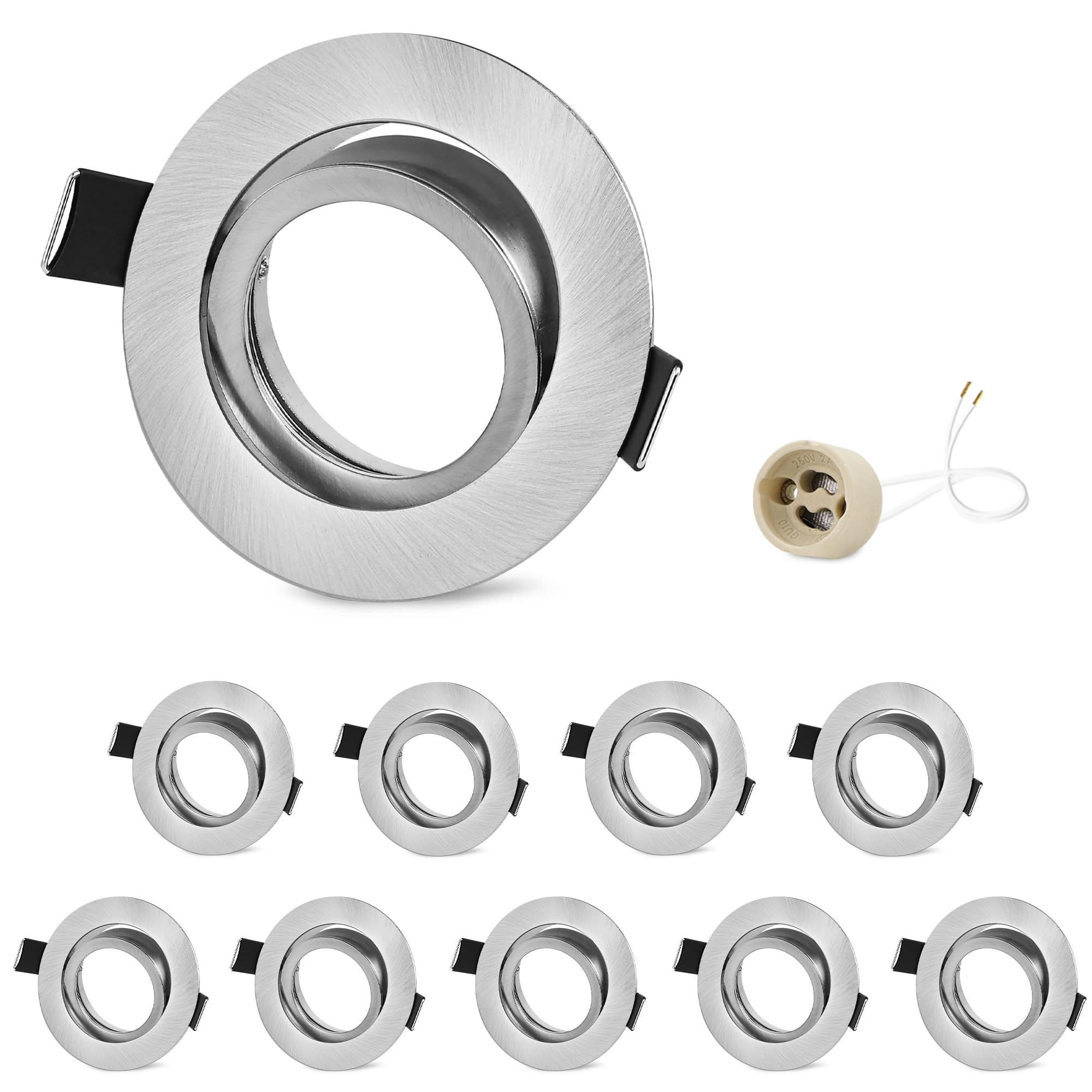 GeyouLux 10 x GU10 Adjustable Recessed Spotlights Aluminium Nickel, Spotlights Mounting Frame with GU10 Socket, Round Recessed Ceiling Spotlight Bracket for LED or Halogens, Mounting Hole Diameter 75