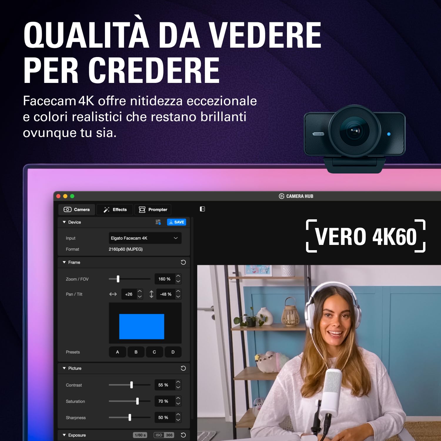 Elgato Facecam 4K - webcam da studio 4K60, controllo in stile DSLR, effetti cinematografici, filtri per obiettivo da 49 mm, video non compresso, area di messa a fuoco ottimizzata | USB-C per PC e Mac