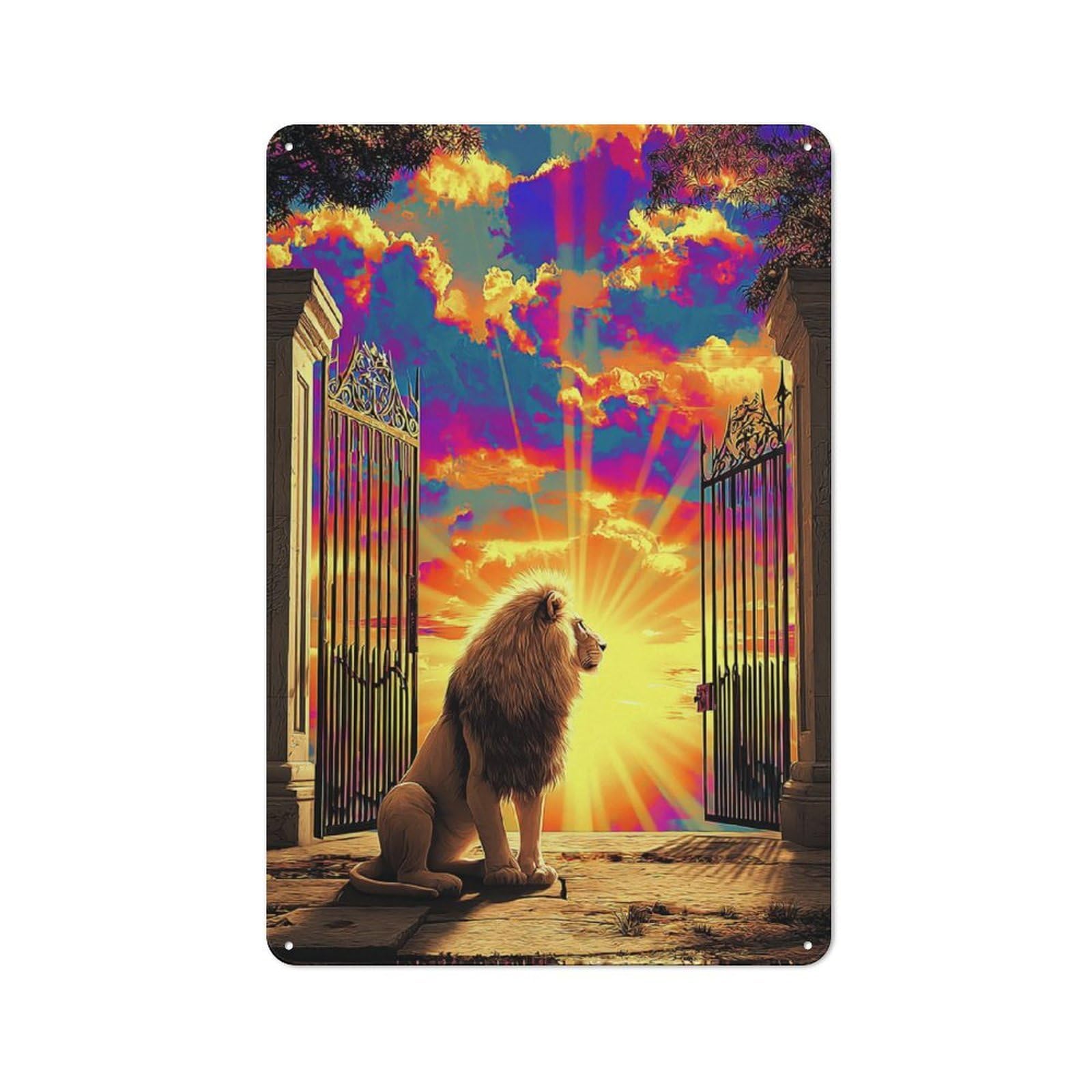 Junmoney Lion At The Gates Of Heaven-2 Classic Metal Plaque 30X20cm Featuring Bistro Wall Plaque For Kitchen, Cafe, Pantry Or Dining Room