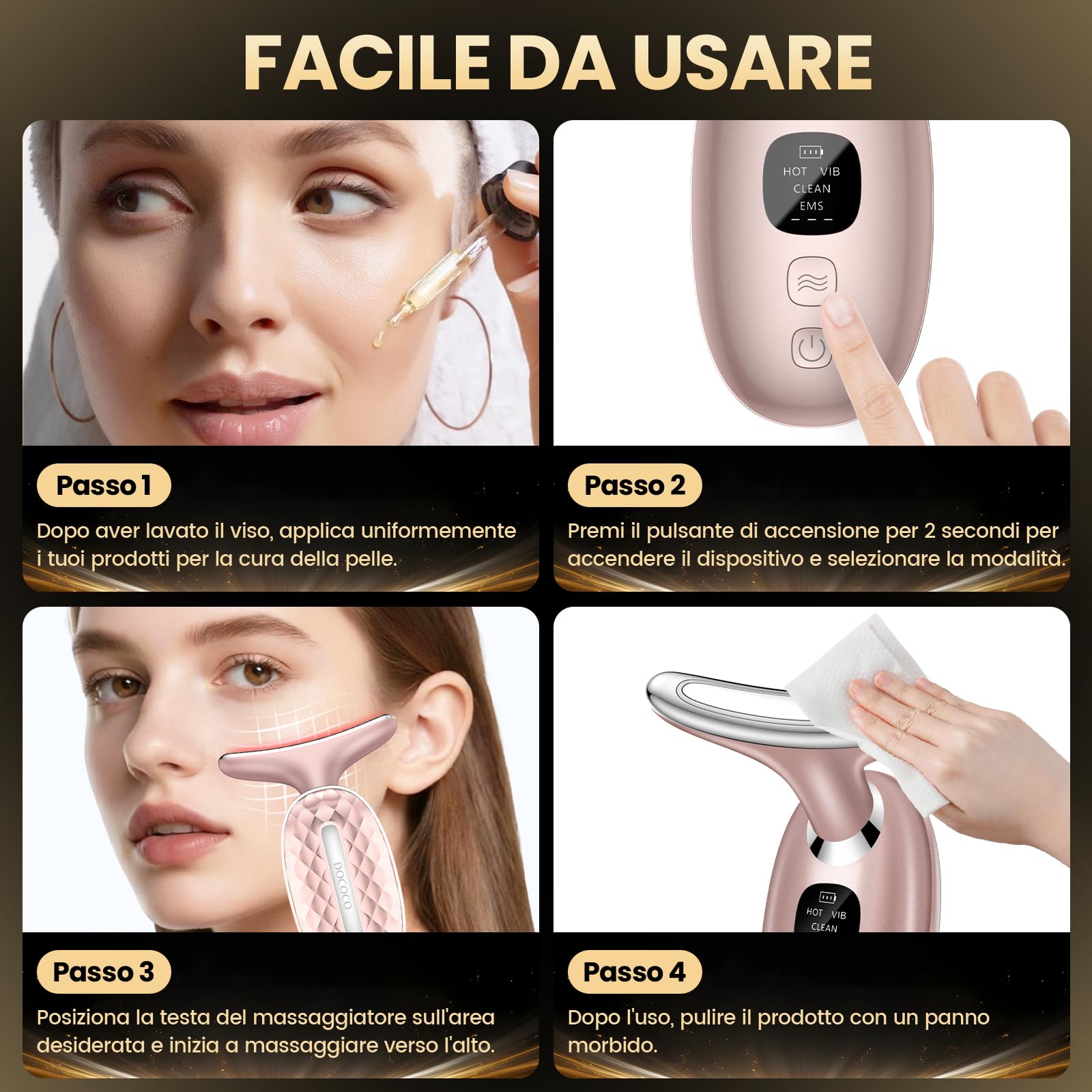 Massaggiatore Viso Lifting Antirughe Elettrico, DOCOCO Doppio EMS Dispositivo di Bellezza Antirughe con 3 Modalità, 45℃ Terapia Lifting Viso, Massaggio Rassodante Viso e Collo