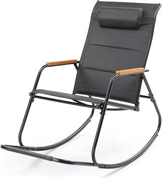 VINGLI Outdoor Rocking Chair, Textilene Mesh Patio Rocker, Outdoor Rocker with Footrest, Pillow, All Weather Porch Rocker for Garden, Living Room, Patio, Lawn Black, with footrest