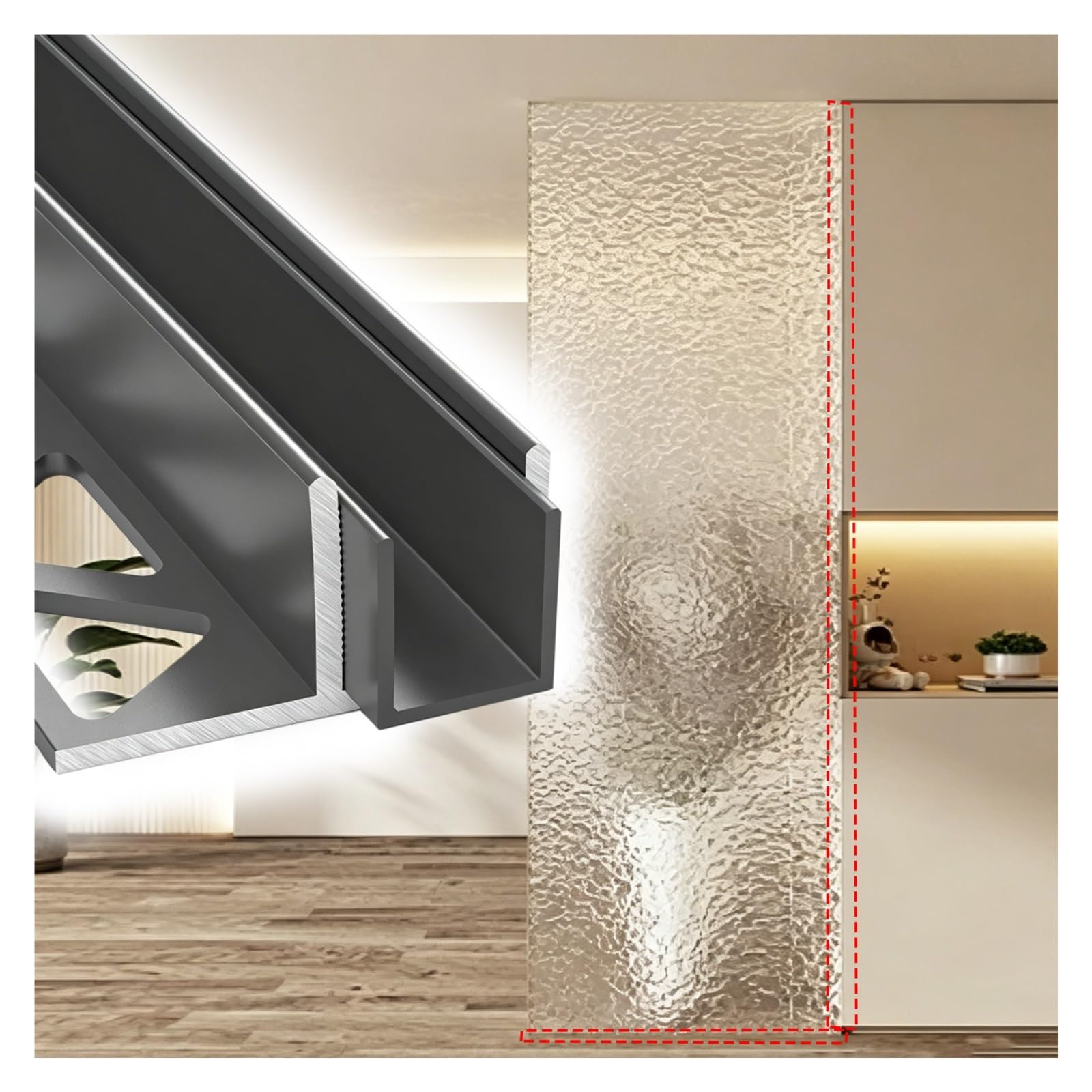 Bedroom Glass Fixed Channel 40 55 60 in, Embedded Partitions Panels Retaining Track for Stabilizing Support, Rustproof Retainer Trim Slot for 3/8"(10mm)(Gray,L180cm/71in)