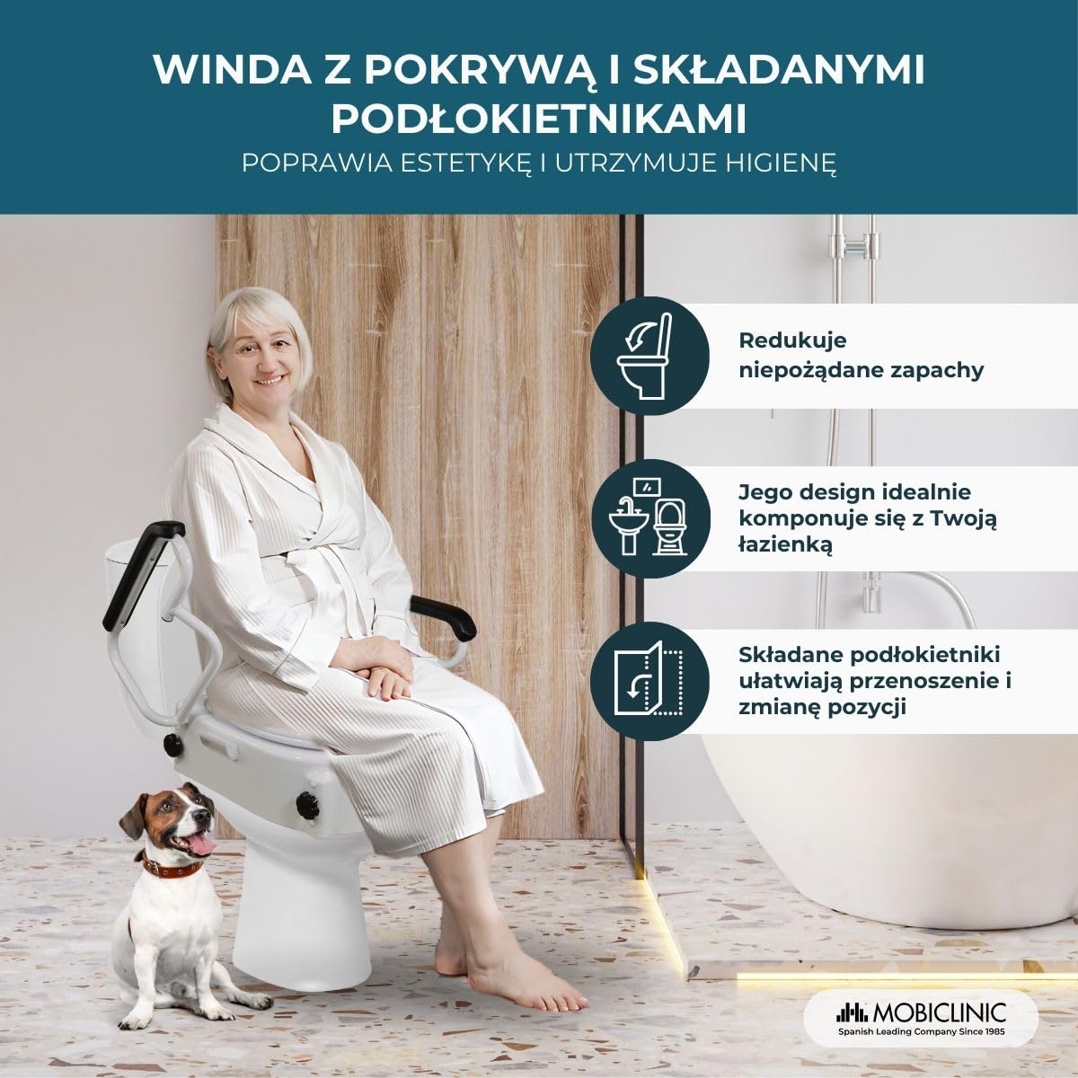 Podnośnik WC | Z pokrywą | Możliwość dostosowania | Regulowany | Uchylny | Podłokietniki składane | Biały | Tajo | Mobiclinic