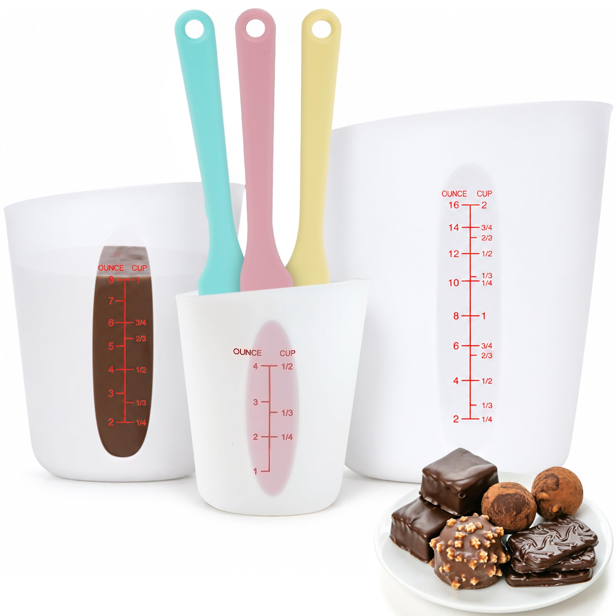 Schokoladenschmelzbecher-Set aus lebensmittelechtem Silikon, mit 3 BPA-freien Silikon-Messbechern (1/2 Tasse/1 Tasse/2 Tasse) und 3 hitzebeständigen Glasspateln, Antihaft-Backzubehör für