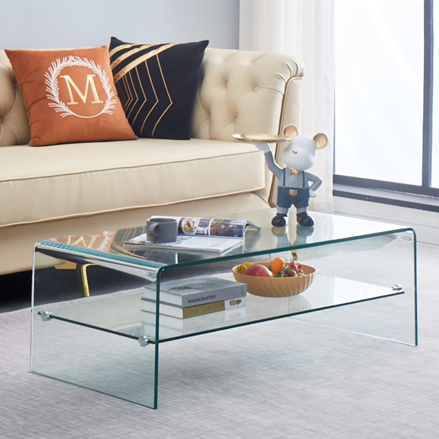 SMARTIK Glass Coffee Table, Modern Tempered Clear Coffee