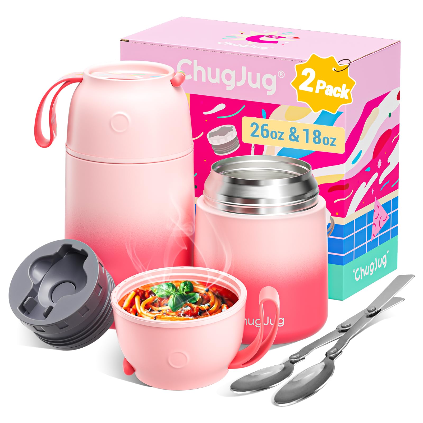 View 1 of 2 Pack Insulated Food Jar Set, 26oz & 18oz Stainless Steel Vacuum Insulated Soup Containers for Hot Food, Leak-Proof Thermal Food Jars with Spoons, Cute Stylish Design for School, Work & Travel (Pink)